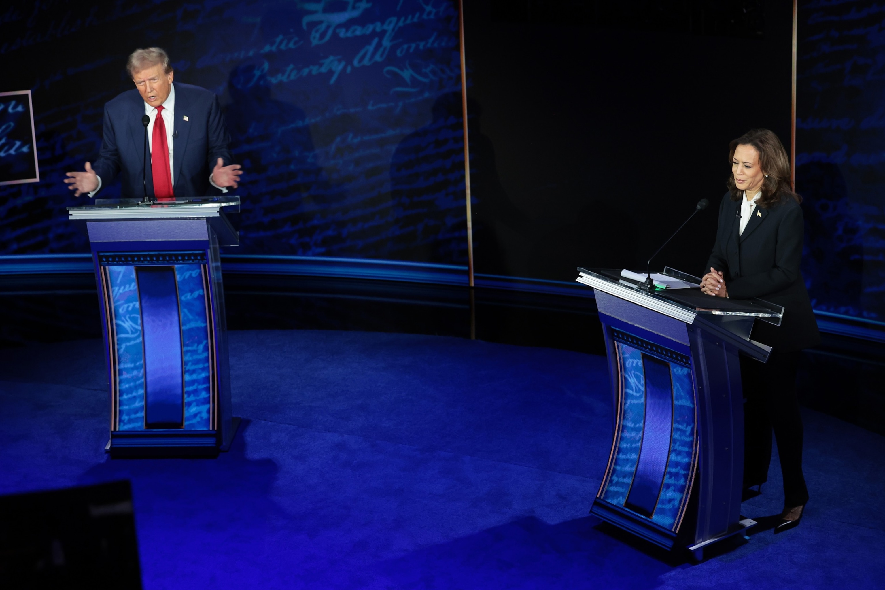 PHOTO: Republican presidential nominee, former President Donald Trump and Democratic presidential nominee, Vice President Kamala Harris debate for the first time during the presidential election campaign, Sept. 10, 2024, in Philadelphia.