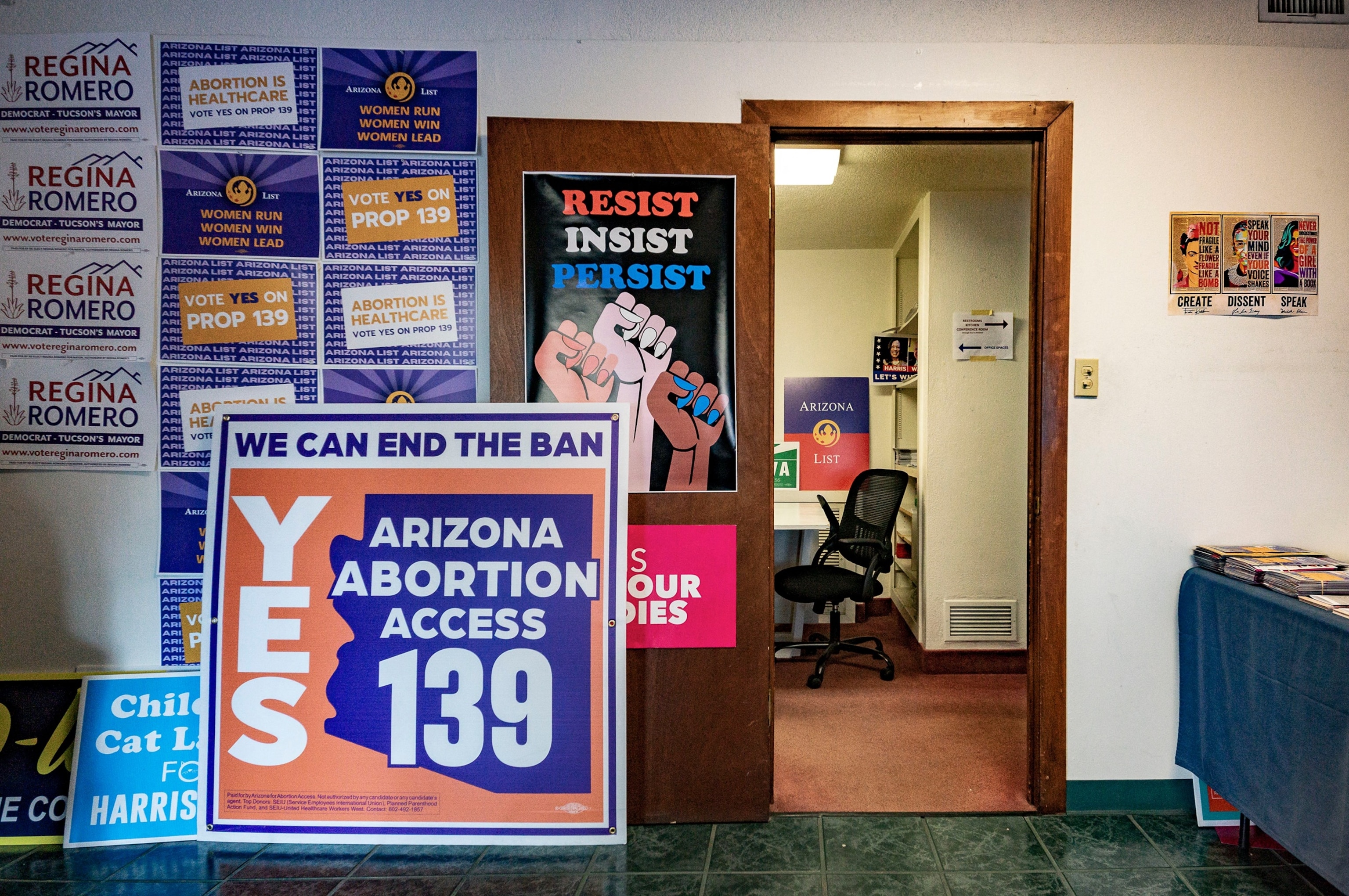 PHOTO: Sign in favor of proposition 139, the right to abortion initiative, is displayed at the entrance room of the Tucson HQ of Arizona List, an association made to empower and elect pro-choice Democratic women leaders, in Tucson, Ariz., Oct. 16, 2024. 