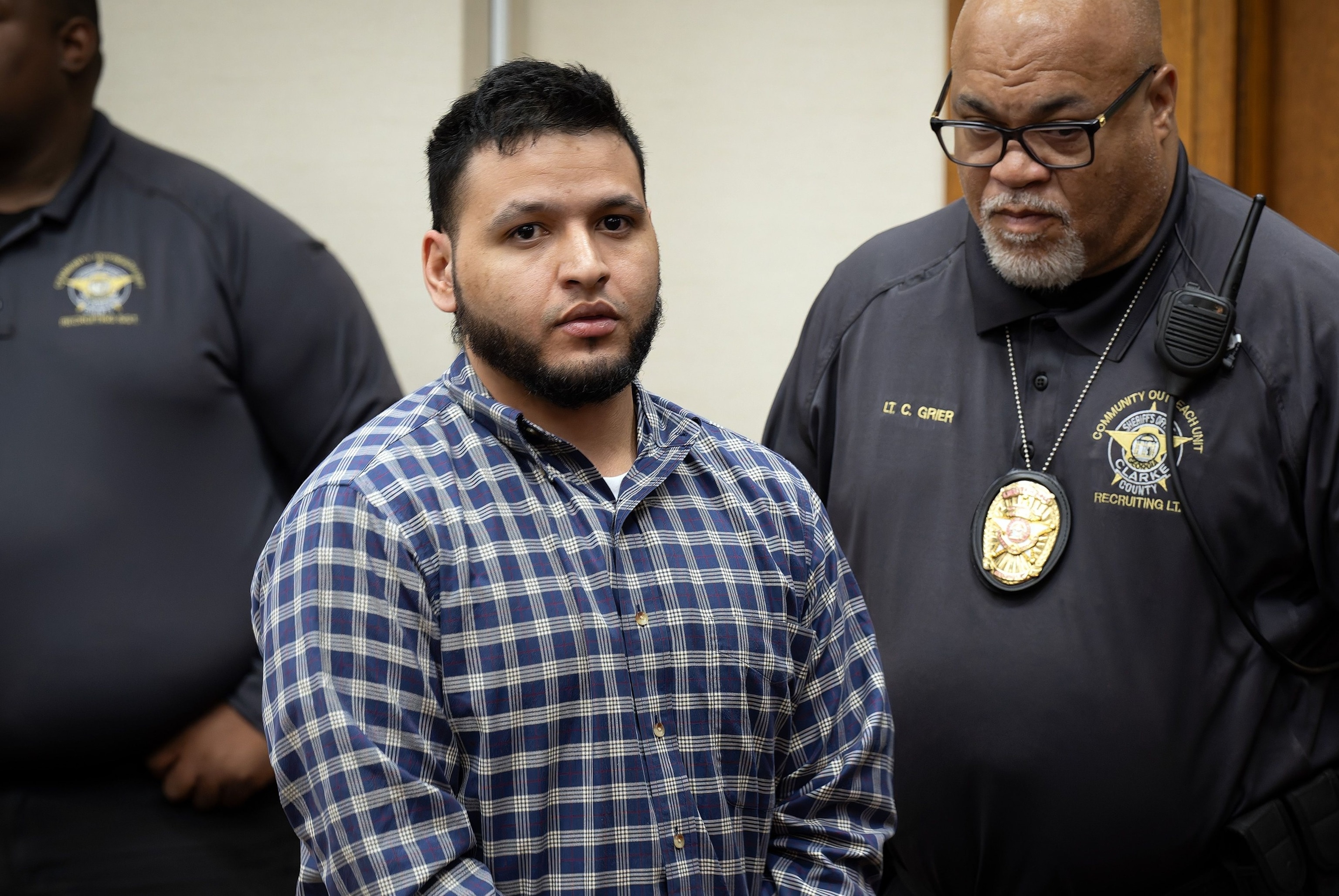 PHOTO: Jose Ibarra sits with defense counsel in pre-trial hearing before his first-degree murder trial in Athens, Ga., Nov. 1, 2024.