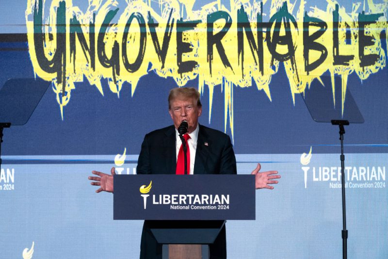 Former US President and Republican presidential candidate Donald Trump addresses the Libertarian National Convention in Washington, DC, May 25, 2024. (Photo by Jim WATSON / AFP) (Photo by JIM WATSON/AFP via Getty Images)