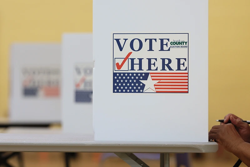 ST LOUIS, MISSOURI - AUGUST 02: People vote during Primary Election Day at Barack Obama Elementary School on August 02, 2022 in St Louis, Missouri. Voters in Missouri are voting on Primary Election Day with the Senate being state's top race after the retirement of Republican Roy Blunt. (Photo by Michael M. Santiago/Getty Images)