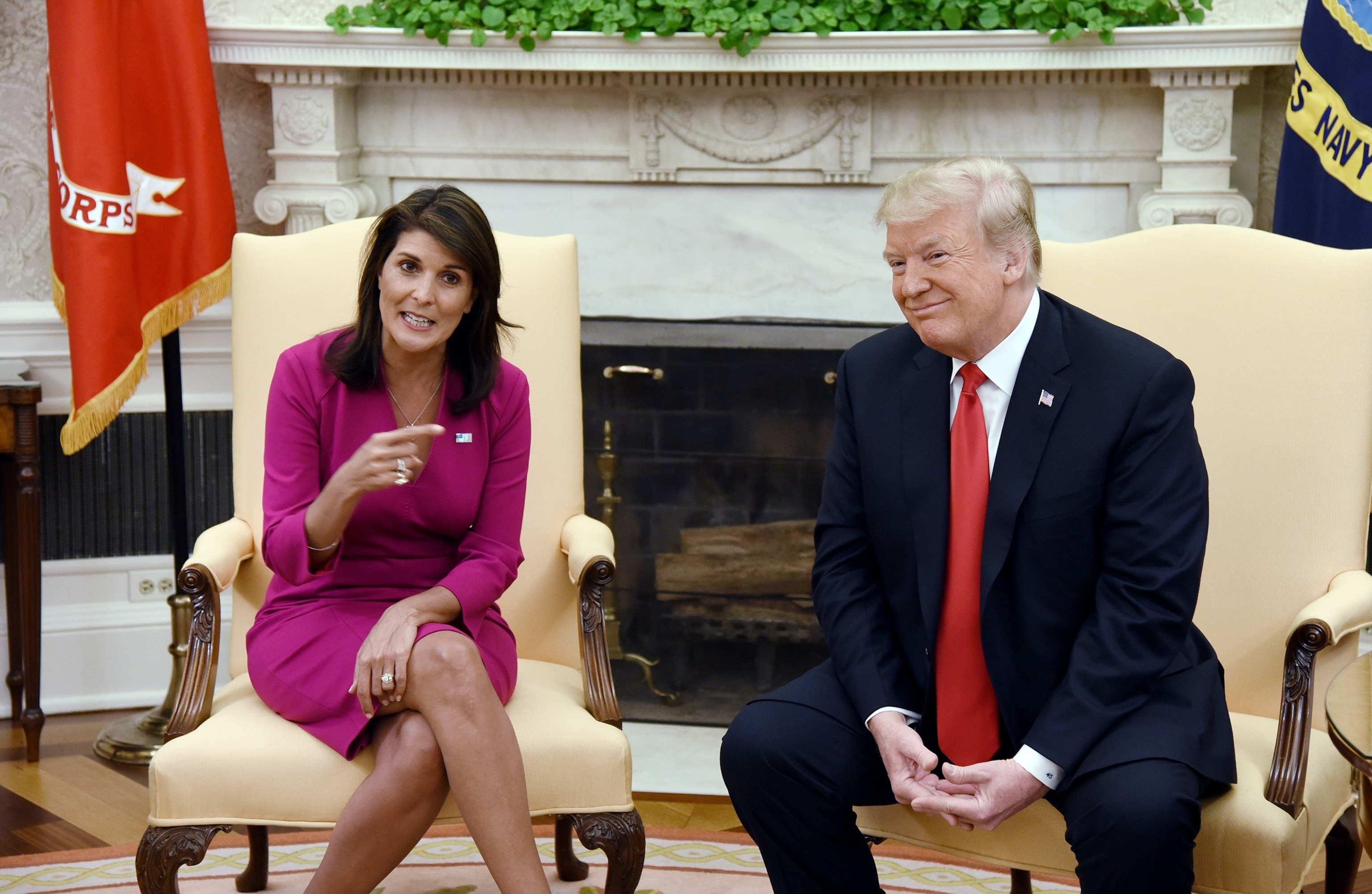 PHOTO: In this Oct. 9, 2018 file photo President Donald Trump meets with Nikki Haley, the United States Ambassador to the United Nations in the Oval office of the White House in Washington, DC.