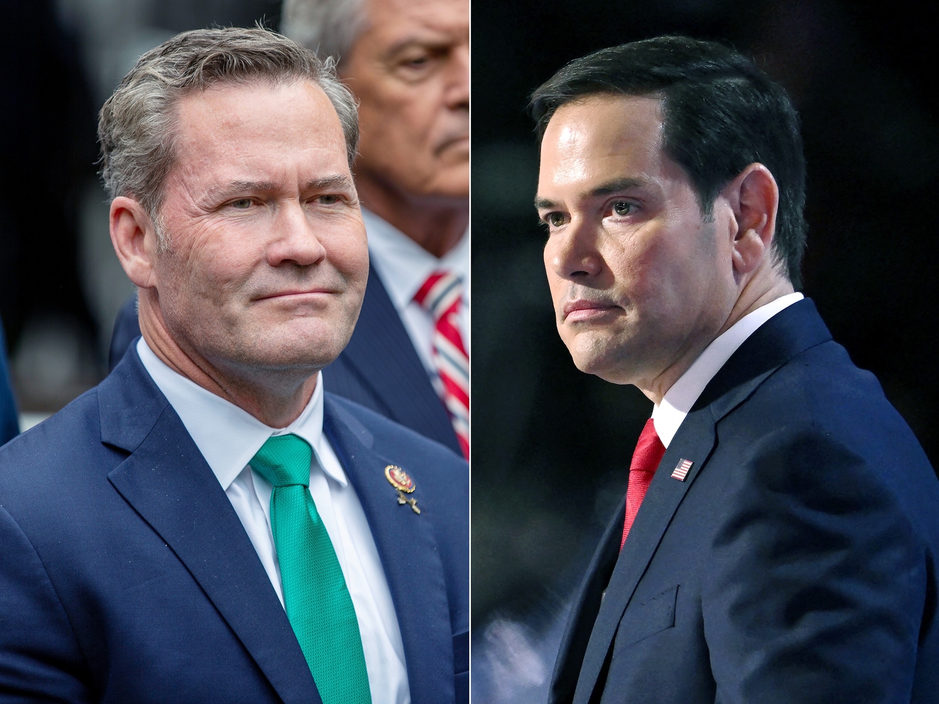 PHOTO: In this split image, Rep. Waltz, R-Fla., speaks outside the hush money criminal case of former president Trump in New York, May 16, 2024, and Florida Senator Rubio speaks during the Republican National Convention in Milwaukee, Wis., July 16, 2024.