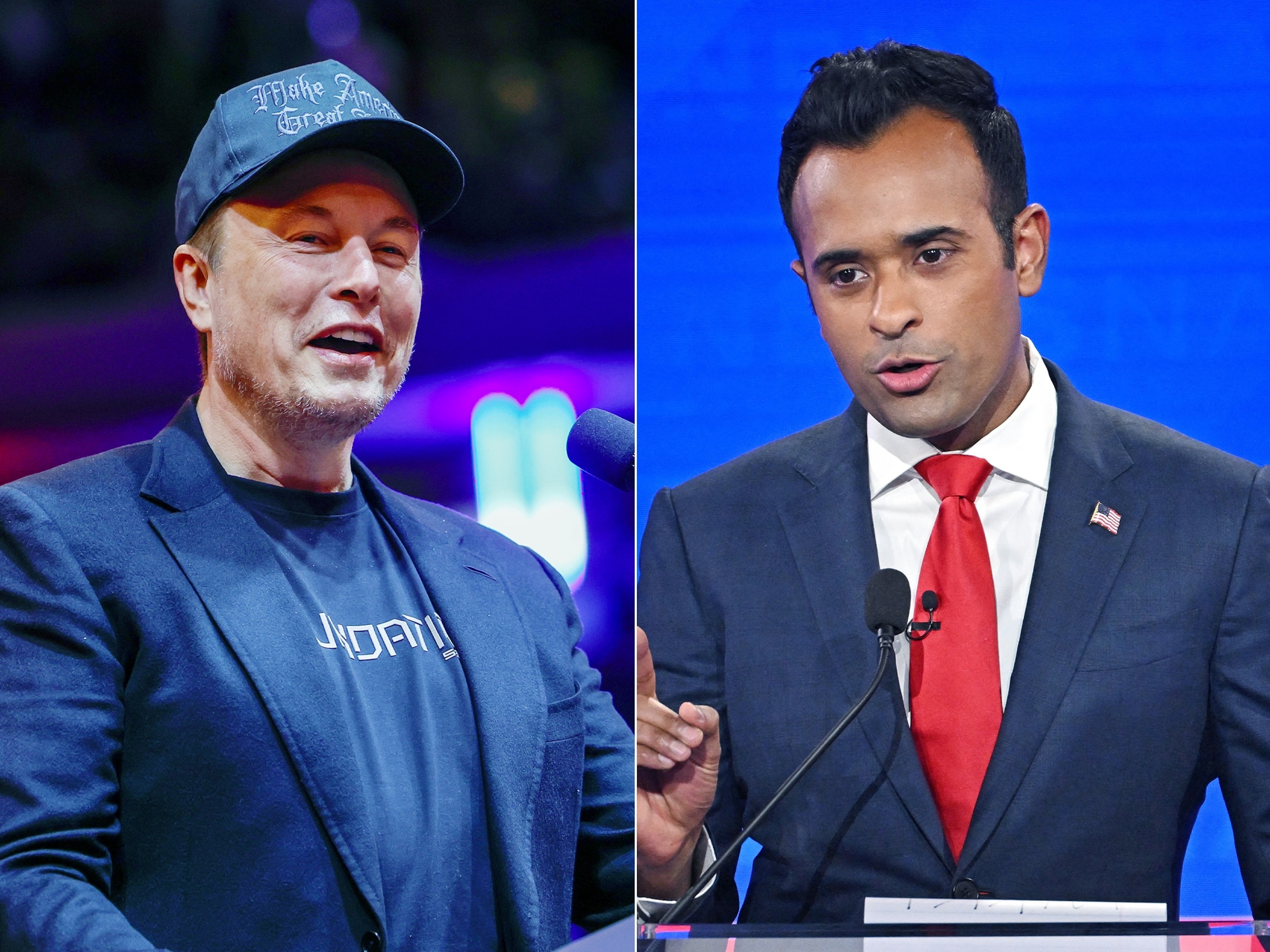 PHOTO: In a split image, Elon Musk speaks during a campaign rally for former President Trump on Oct. 27, 2024 in New York, and entrepreneur Vivek Ramaswamy speaks during the 4th Republican presidential primary debate in Tuscaloosa, Ala., on Dec. 6, 2023. 