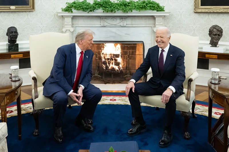 US President Joe Biden meets with US President-elect Donald Trump in the Oval Office of the White House in Washington, DC, on November 13, 2024. Trump thanked Biden for pledging a smooth transfer of power as the victorious Republican made a historic return visit to the White House on Wednesday. (Photo by SAUL LOEB / AFP) (Photo by SAUL LOEB/AFP via Getty Images)