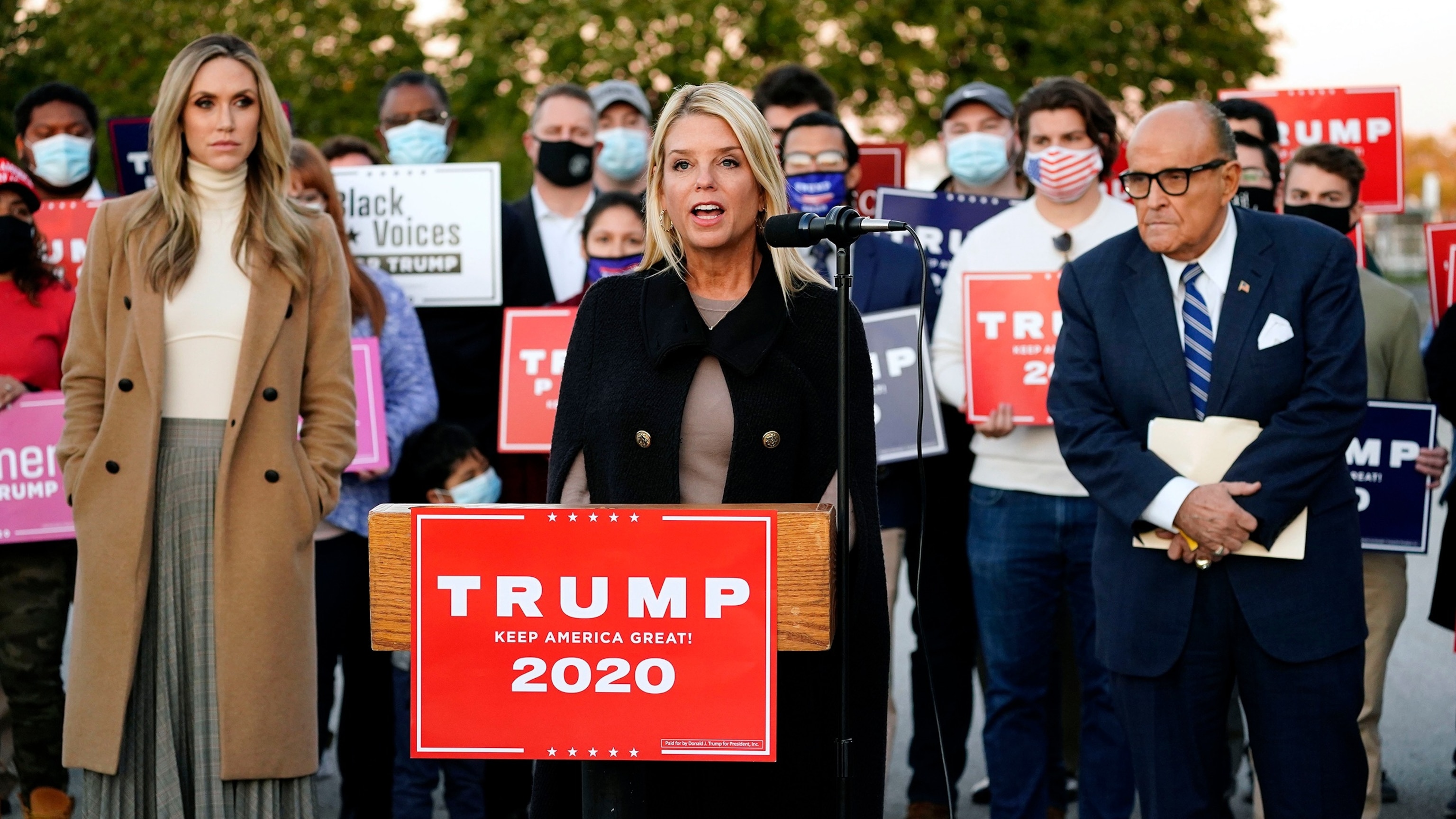 PHOTO: In this Nov. 4, 2020, file photo, former Florida Attorney General Pam Bondi, center, speaks during a news conference on legal challenges to vote counting in Pennsylvania, in Philadelphia.