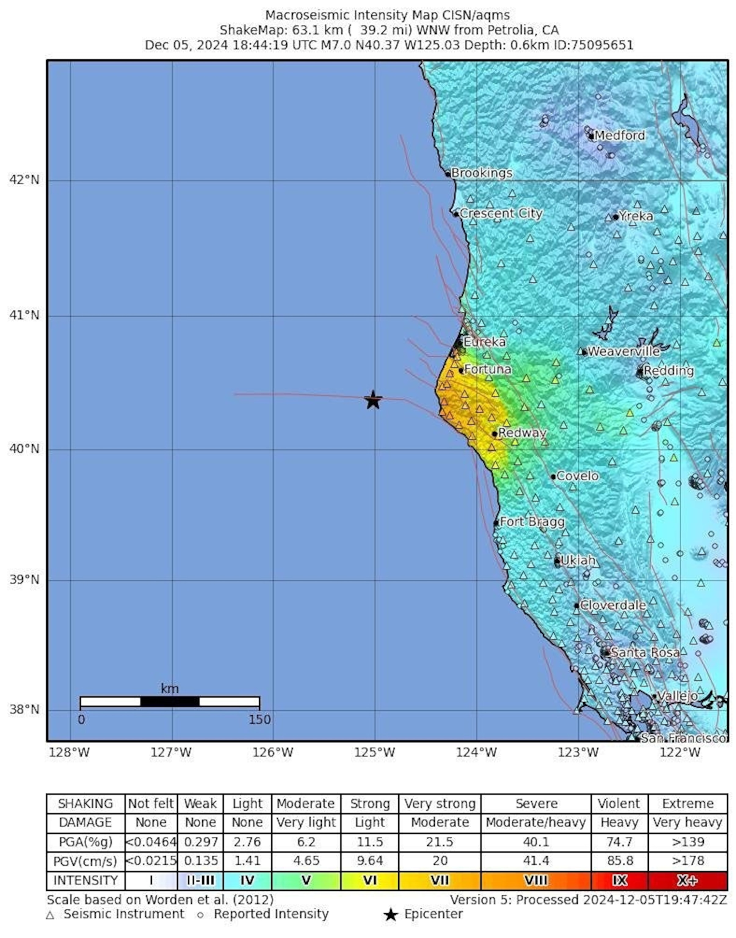 PHOTO: A handout shakemap made available by the United States Geological Survey (USGS) shows the location of a 7.0-magnitude earthquake hitting off the coast of Cape Mendocino, Calif., on Dec. 5, 2024. 