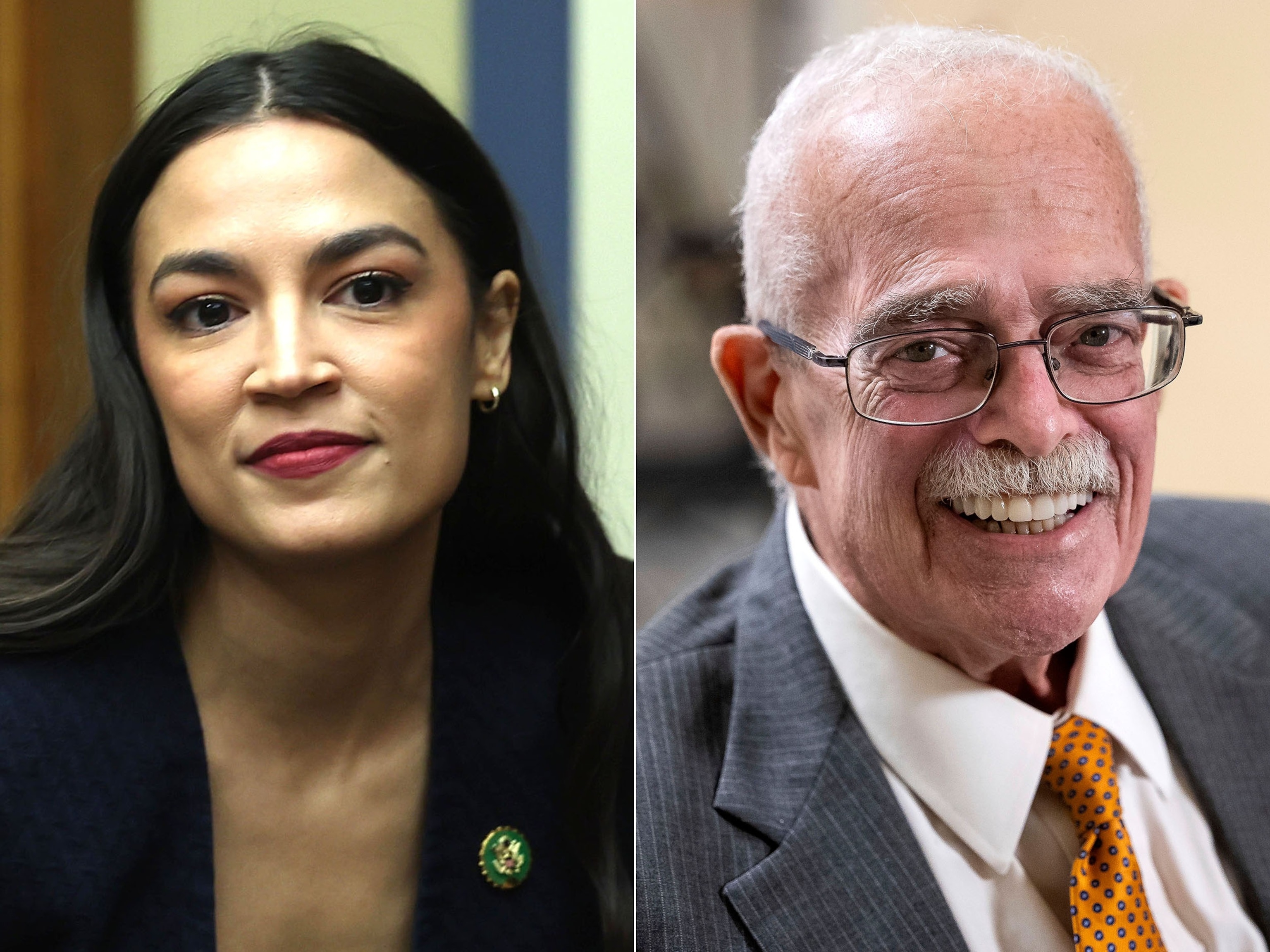 PHOTO: In this Jan. 31, 2023, file photo, Rep. Alexandria Ocasio-Cortez in Washington, D.C. | Rep. Gerry Connolly prepares to give a television interview on Capitol Hill, Dec. 12, 2024. 