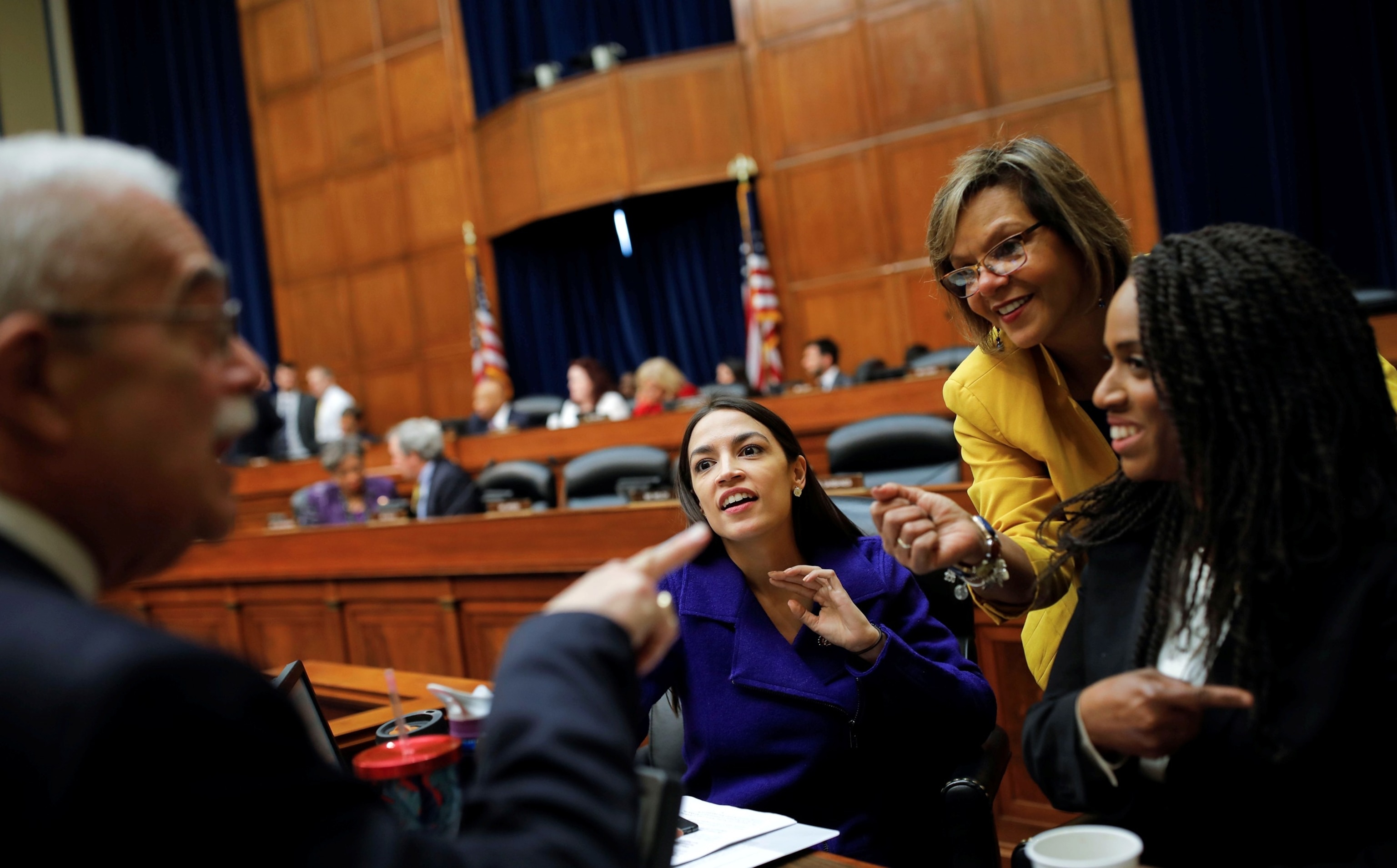 PHOTO: In this April 2, 2019, file photo, Rep. Gerry Connolly talks with Reps Alexandria Ocasio-Cortez, Robin Kelly, and Ayanna Pressley while meeting on Capitol Hill in Washington, D.C.