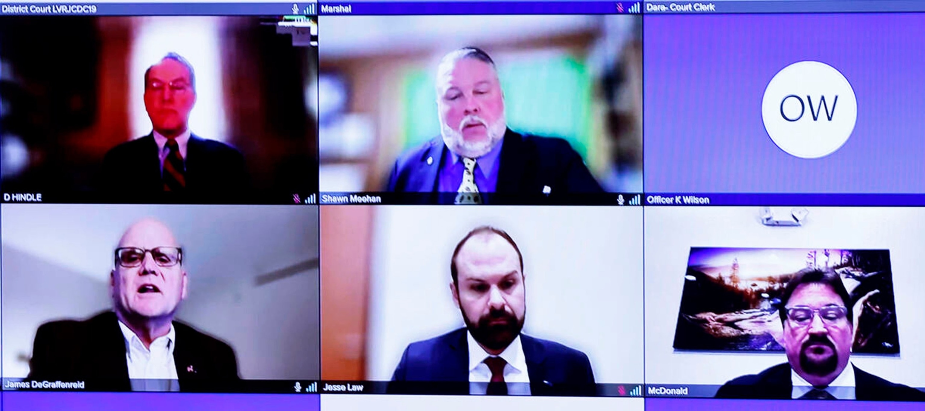 PHOTO: In this Dec. 18, 2023, file photo, Republican electors James Hindle III, top left, Shawn Meehan, James DeGraffenreld, bottom left, Jessie Law, Nevada Republican Party Chairman Michael McDonald, right, and Eileen Rice, in Las Vegas.