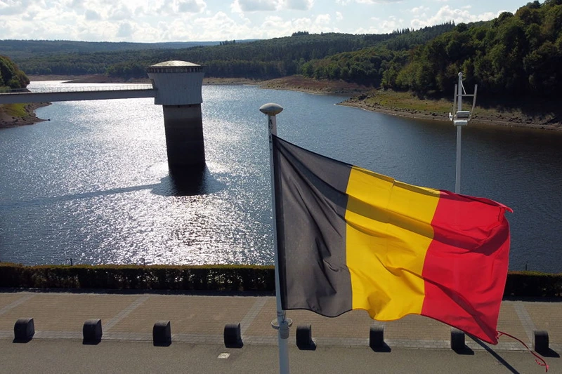 Aerial drone picture shows the Belgian flag at the 'Barrage de la Gileppe' arch-gravity dam on the Gileppe river in Jalhay, Liege province, on Thursday 01 September 2022. BELGA PHOTO ERIC LALMAND (Photo by ERIC LALMAND / BELGA MAG / Belga via AFP) (Photo by ERIC LALMAND/BELGA MAG/AFP via Getty Images)