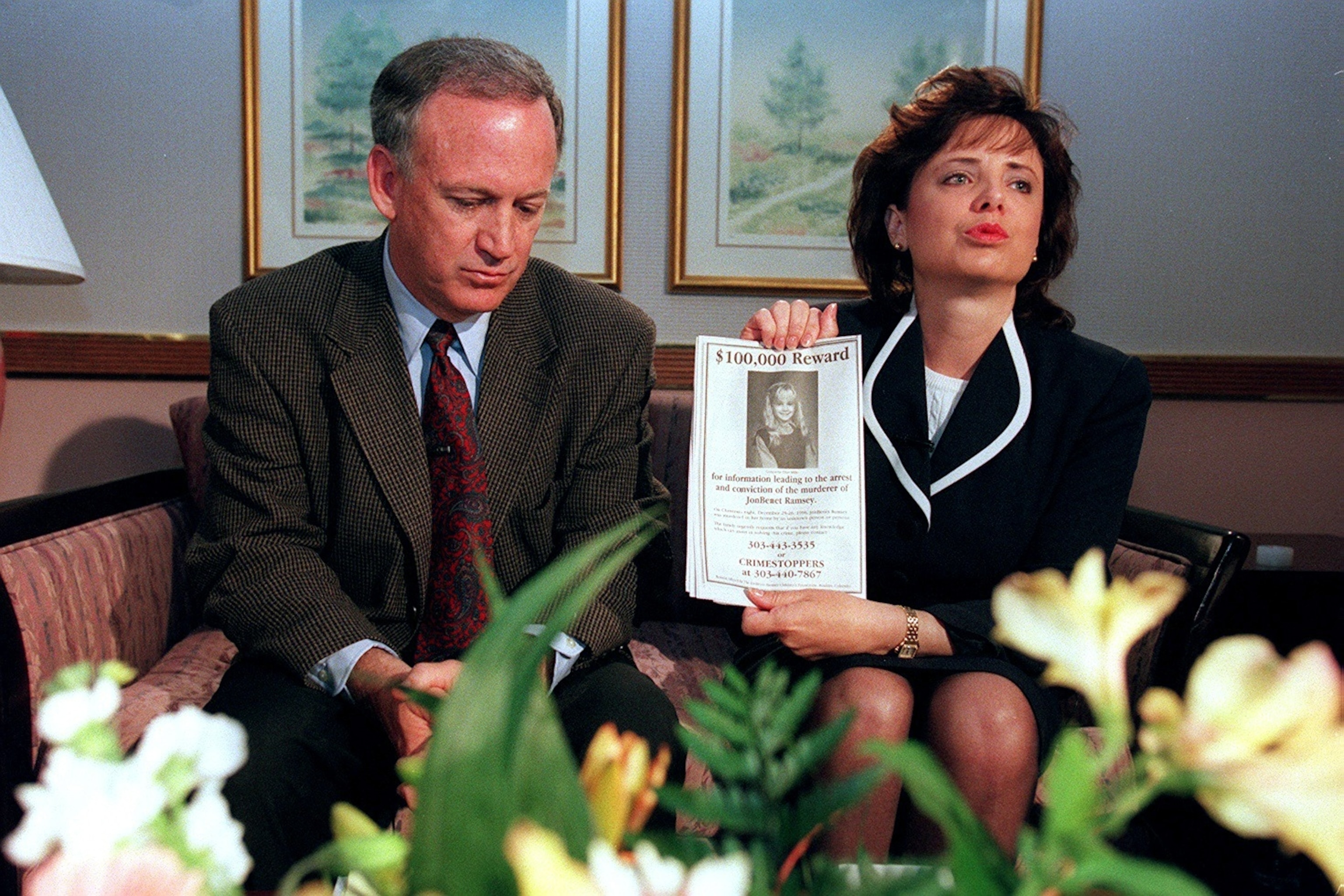 PHOTO: John and Patsy Ramsey, the parents of JonBenet Ramsey, meet with a small selected group of the local Colorado media after four months of silence in Boulder, Colo. on May 1, 1997. 