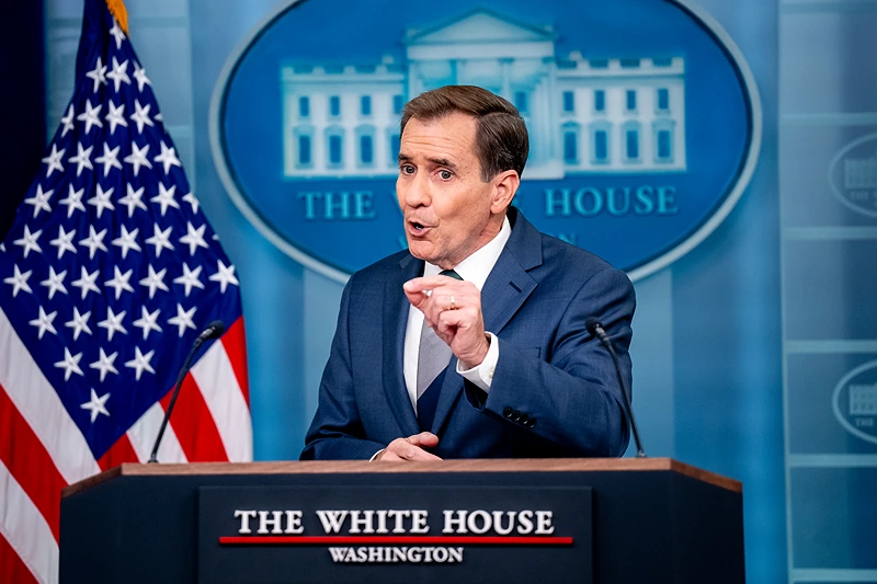 WASHINGTON, DC - DECEMBER 12: White House National Security Communications Adviser John Kirby speaks during a news conference in the Brady Press Briefing Room at the White House on December 12, 2024 in Washington, DC. White House Press Secretary Karine Jean-Pierre and Kirby discussed U.S. President Joe Biden's decision to commute the sentences of almost 1,500 offenders and pardon 39 people convicted of nonviolent crimes, mysterious drone sightings in New Jersey and other areas along the East Coast, the status of Travis Timmerman and Austin Tice, and other topics. (Photo by Andrew Harnik/Getty Images) 