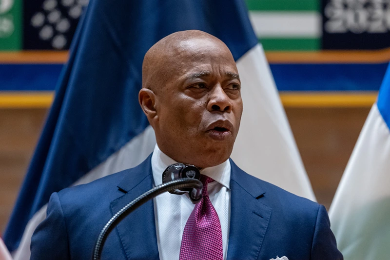 New York Mayor Eric Adams speaks before swearing in Jessica Tisch as the next Commissioner of the New York Police Department (NYPD) during a ceremony at One Police Plaza on November 25, 2024 in New York City. Tisch, 43, the former Sanitation Commissioner will become the second female to serve in the department's 179-year history. (Photo by Spencer Platt/Getty Images)