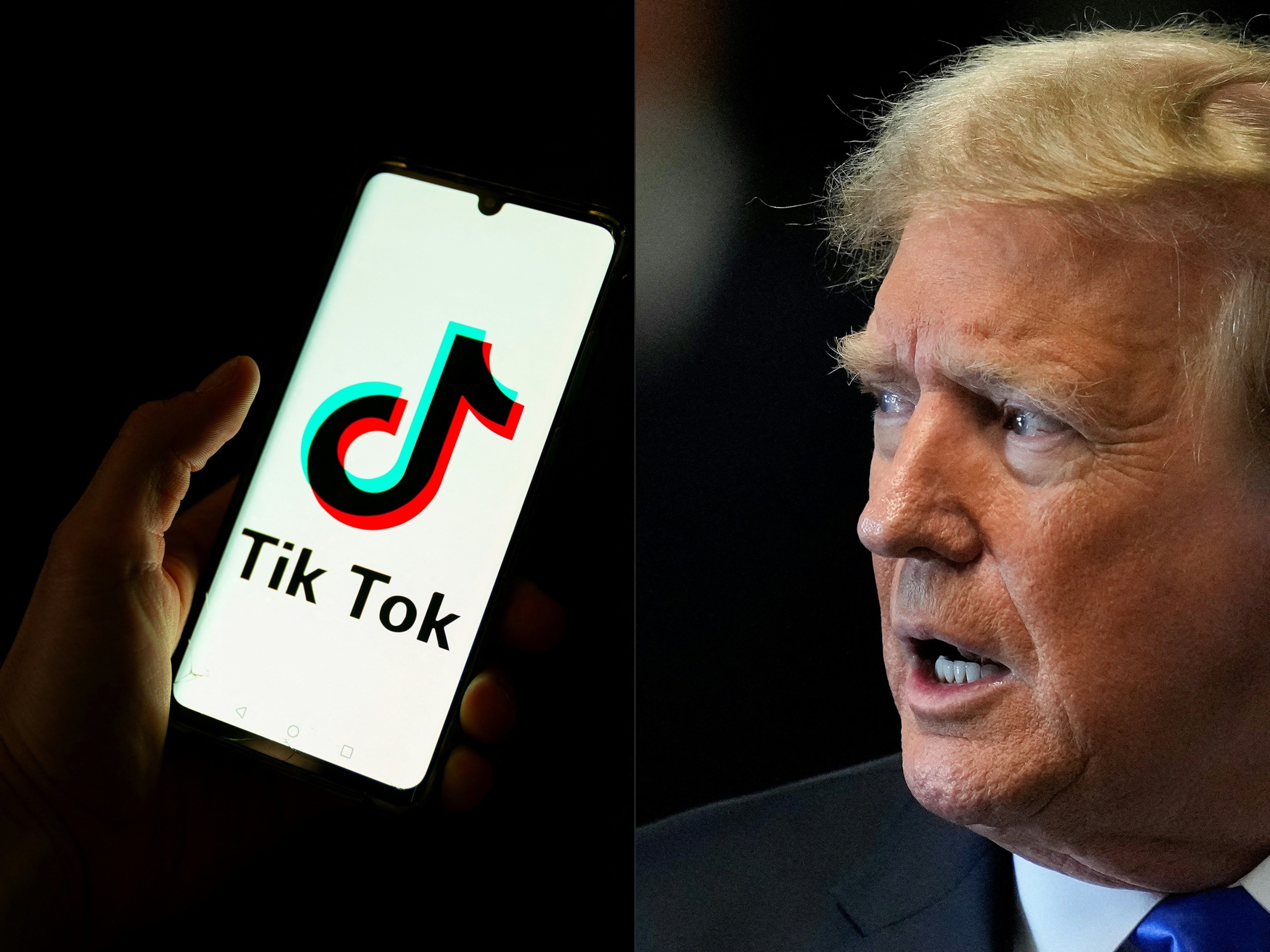 PHOTO: This combination of pictures shows a man holding a smartphone displaying the logo of Chinese social media platform Tiktok and former President Donald Trump.