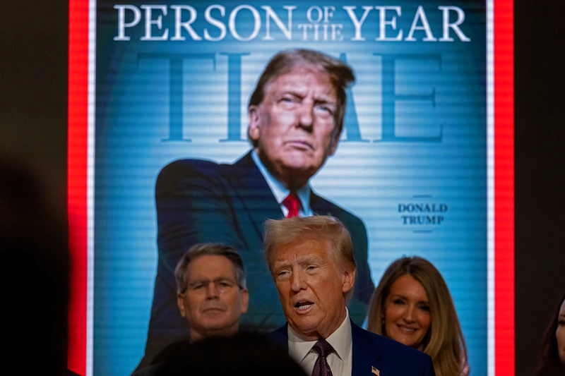 NEW YORK, NEW YORK - DECEMBER 12: President-elect Donald Trump speaks at a reception at the New York Stock Exchange (NYSE) after being named TIME’s “Person of the Year” for the second time on December 12, 2024 in New York City. Trump followed the event by ringing the opening bell on the trading floor. (Photo by Spencer Platt/Getty Images)