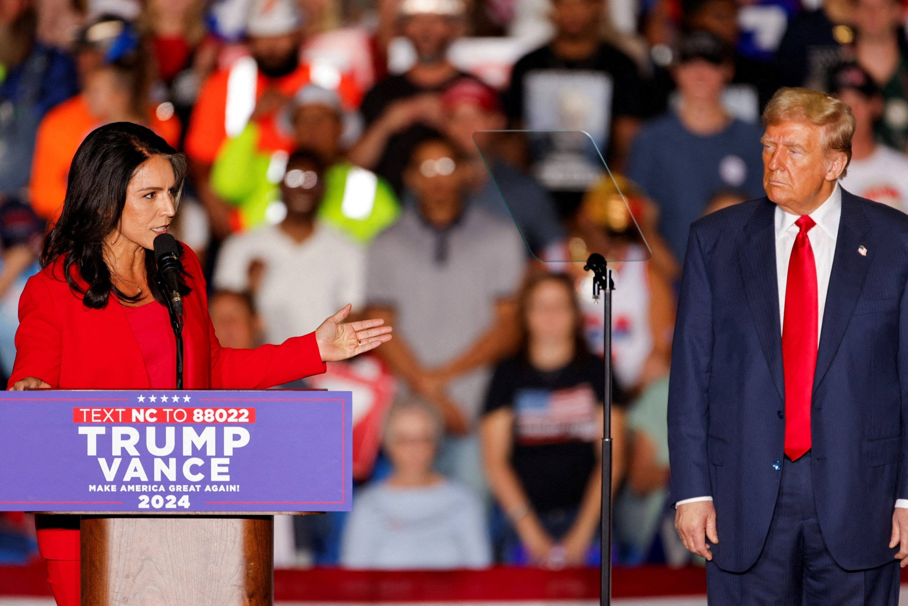 PHOTO: Former U.S. Rep. Tulsi Gabbard speaks at a campaign rally of Republican presidential nominee and former U.S. President Donald Trump, Oct. 22, 2024, in Greensboro, N.C.