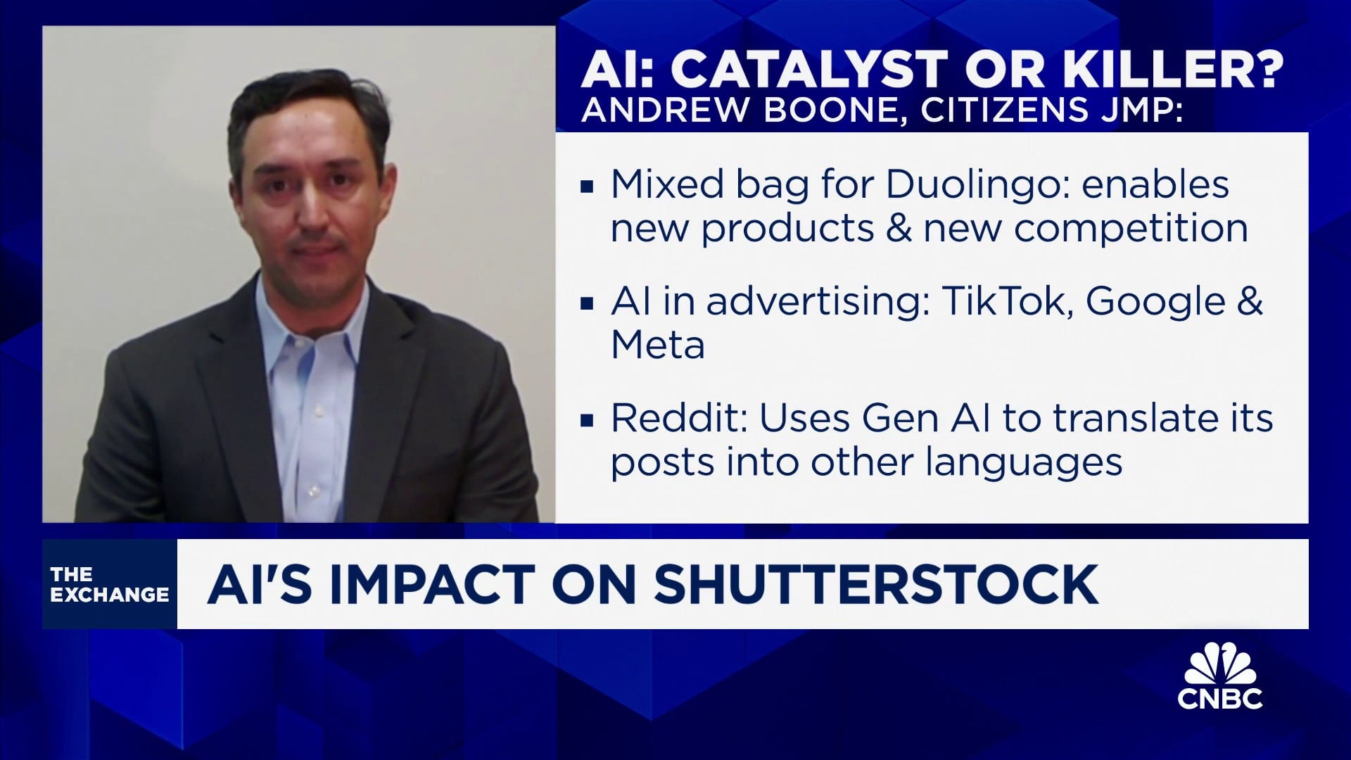 AI continues to be catalyst for Duolingo but 'killer' for Shutterstock: Citizens JMP's Andrew Boone