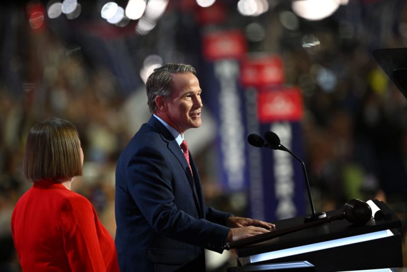 MILWAUKEE, WISCONSIN - JULY 15: Ohio Lt Gov. Jon Husted nominates U.S. Sen. J.D. Vance (R-OH) for the office of Vice President on the first day of the Republican National Convention at the Fiserv Forum on July 15, 2024 in Milwaukee, Wisconsin. Delegates, politicians, and the Republican faithful are in Milwaukee for the annual convention, concluding with former President Donald Trump accepting his party's presidential nomination. The RNC takes place from July 15-18. (Photo by Leon Neal/Getty Images)