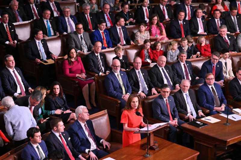 Rep. Lisa McClain (R-MI) nominates US Speaker of the House Mike Johnson, Republican from Louisiana, during the first session of the 119th Congress ahead of the vote for Speaker of the House in the House Chamber at the US Capitol in Washington, DC, on January 3, 2025. (Photo by ROBERTO SCHMIDT / AFP) (Photo by ROBERTO SCHMIDT/AFP via Getty Images)