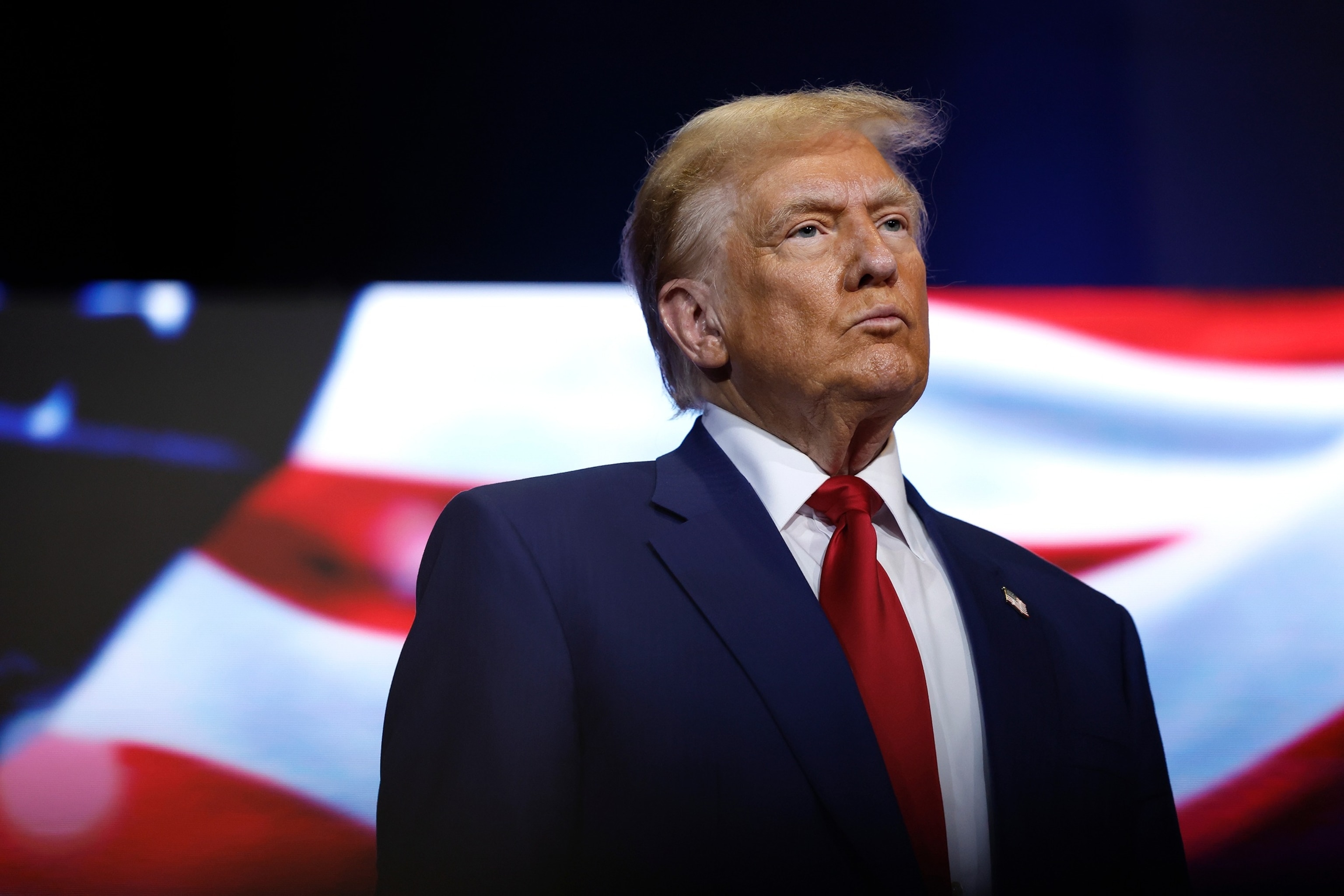 PHOTO: Republican presidential nominee, former President Donald Trump looks on during a roundtable with faith leaders at Christ Chapel on Oct. 23, 2024 in Zebulon, Ga.