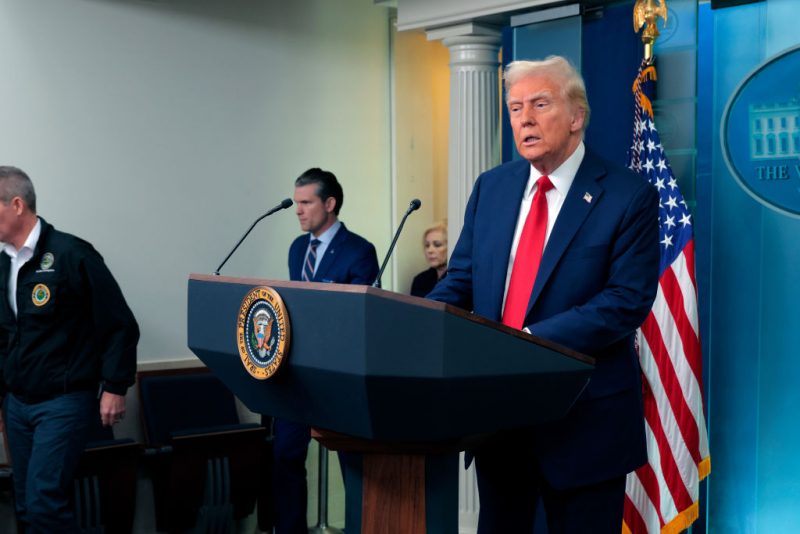 WASHINGTON, DC - JANUARY 30: U.S. President Donald Trump arrives to speak to reporters about the collision of an American Airlines flight with a military Black Hawk helicopter near Ronald Reagan National Airport, in the Brady Press Briefing Room at the White House on January 30, 2025 in Washington, DC. Officials believe that all 64 people on the commercial jet and the three service members on the U.S. Army helicopter died when they collided midair and crashed into the Potomac River airport outside Washington, D.C. on Wednesday. (Photo by Chip Somodevilla/Getty Images)