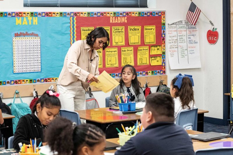 Teacher Alexxa Martinez works in her classroom in Nevitt Elementary School, in Phoenix, Arizona, on October 26, 2022. - Teachers in Arizona are among the United States' lowest paid, making the cost-of-living crisis even more acute for educators in this key battleground for the upcoming mid-term elections. (Photo by Olivier TOURON / AFP) (Photo by OLIVIER TOURON/AFP via Getty Images)