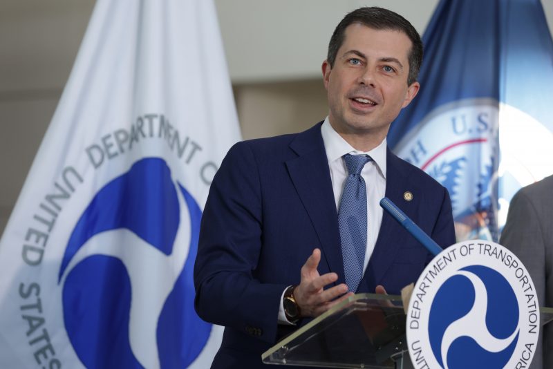 U.S. Secretary of Transportation Pete Buttigieg speaks to questions during a news conference at Ronald Reagan Washington National Airport November 21, 2024 in Arlington, Virginia. Transportation officials held news conference to discuss the busy Thanksgiving Air Travel. (Photo by Alex Wong/Getty Images)