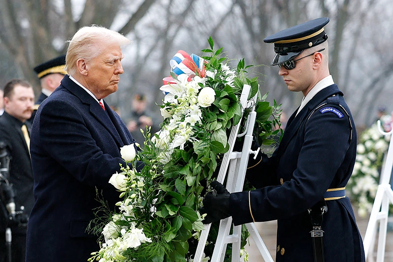 President-Elect Donald Trump participates in a wreath-laying ceremony at Arlington National Cemetery on January 19, 2025 in Arlington, Virginia. Trump will be sworn in as the 47th president of the United States on January 20 in a rare indoor ceremony. (Photo by Anna Moneymaker/Getty Images)