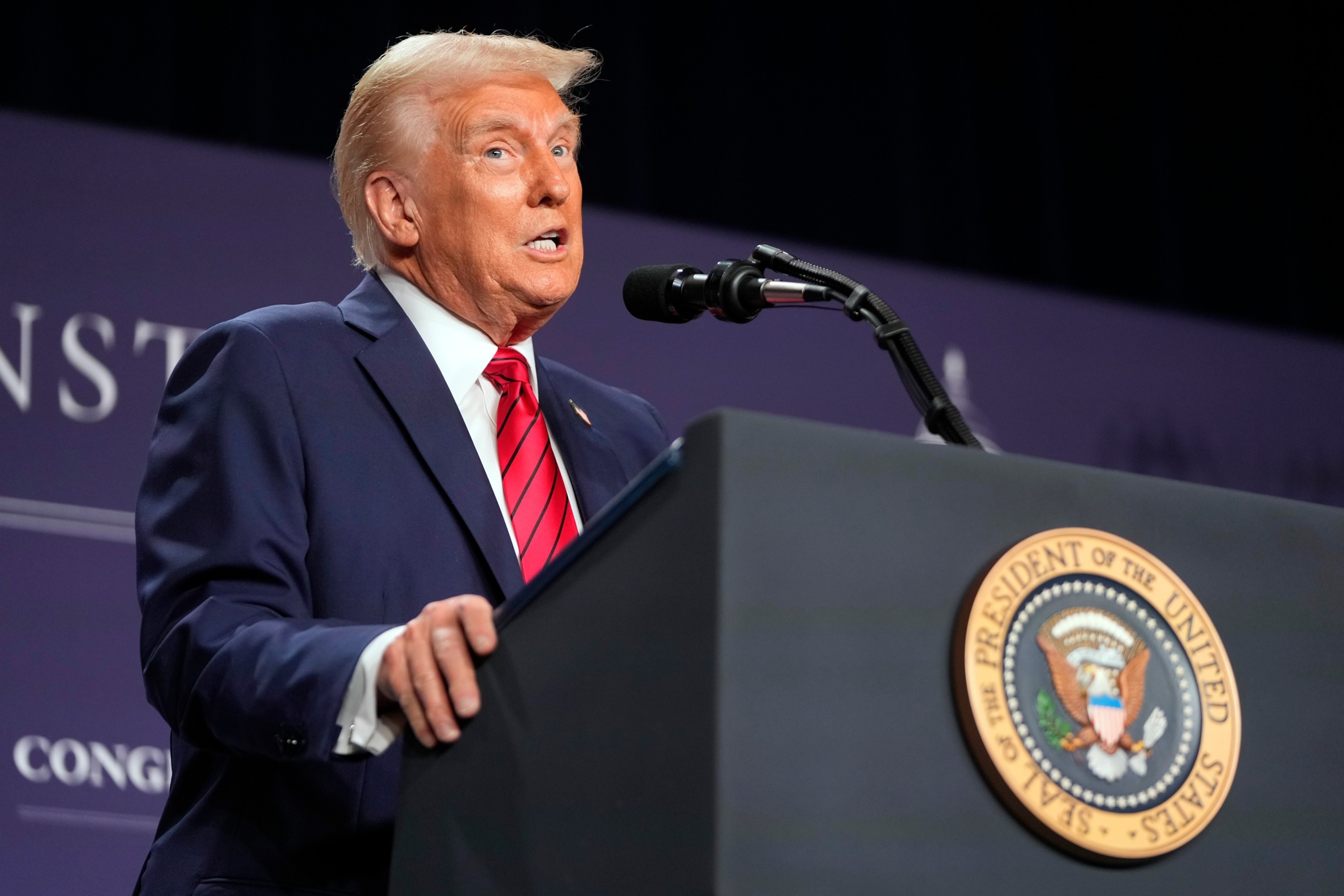 PHOTO: President Donald Trump speaks at the 2025 House Republican Members Conference Dinner at Trump National Doral Miami in Doral, Fla., Jan. 27, 2025.