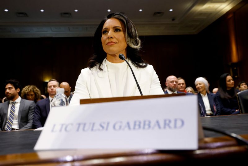 WASHINGTON, DC - JANUARY 30: Tulsi Gabbard, U.S. President Donald Trump’s nominee to be Director of National Intelligence, arrives to testify during her confirmation hearing before the Senate Intelligence Committee in the Dirksen Senate Office Building on January 30, 2025 in Washington, DC. Gabbard, a former Congresswoman from Hawaii who previously ran for president as a Democrat before joining the Republican Party and supporting President Trump, is facing criticism from Senators over her lack of intelligence experience and her opinions on domestic surveillance powers. (Photo by Kevin Dietsch/Getty Images)