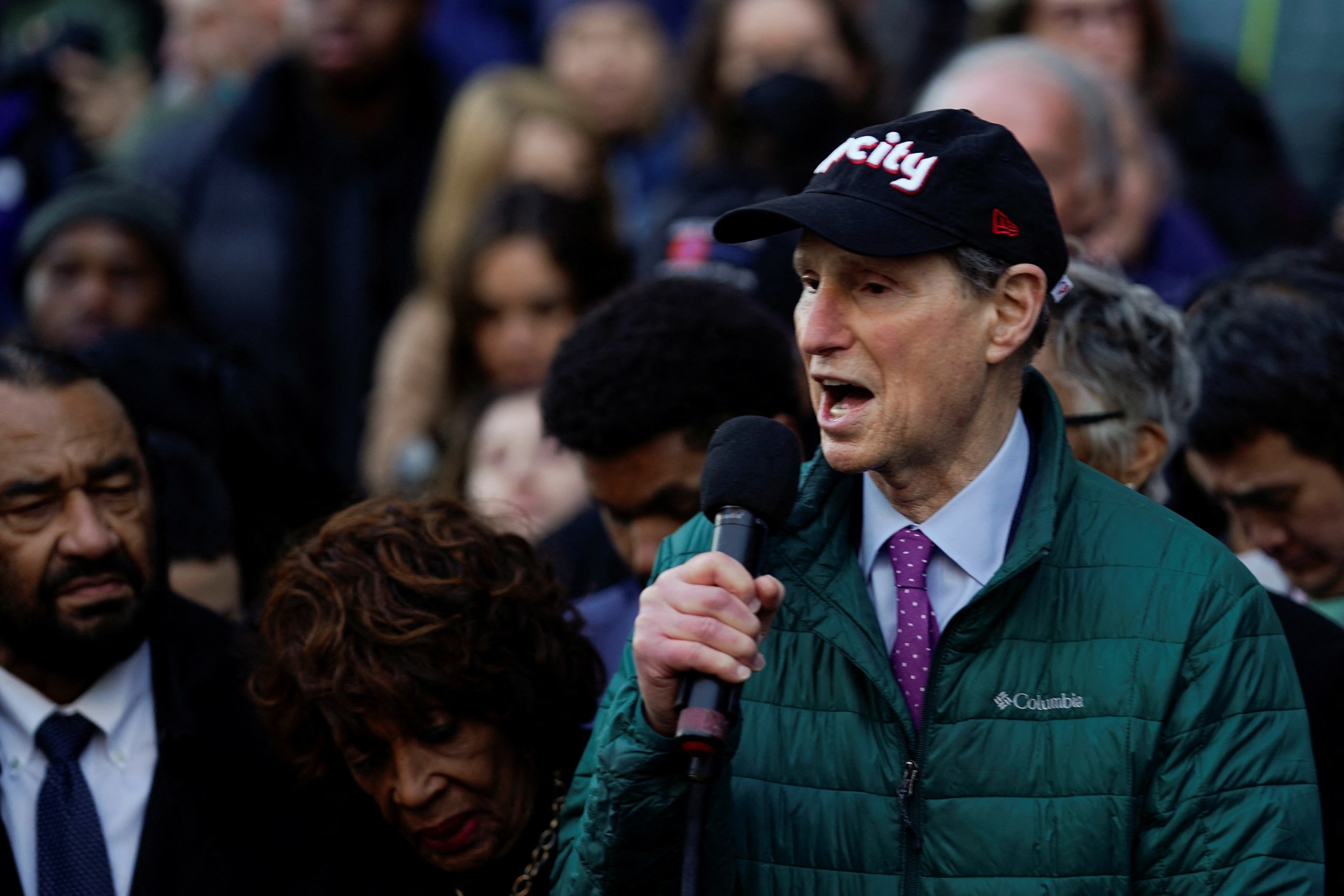 PHOTO: Senator Ron Wyden (D-OR) speaks as demonstrators rally outside the U.S. Treasury Department, in Washington, Feb. 4, 2025.