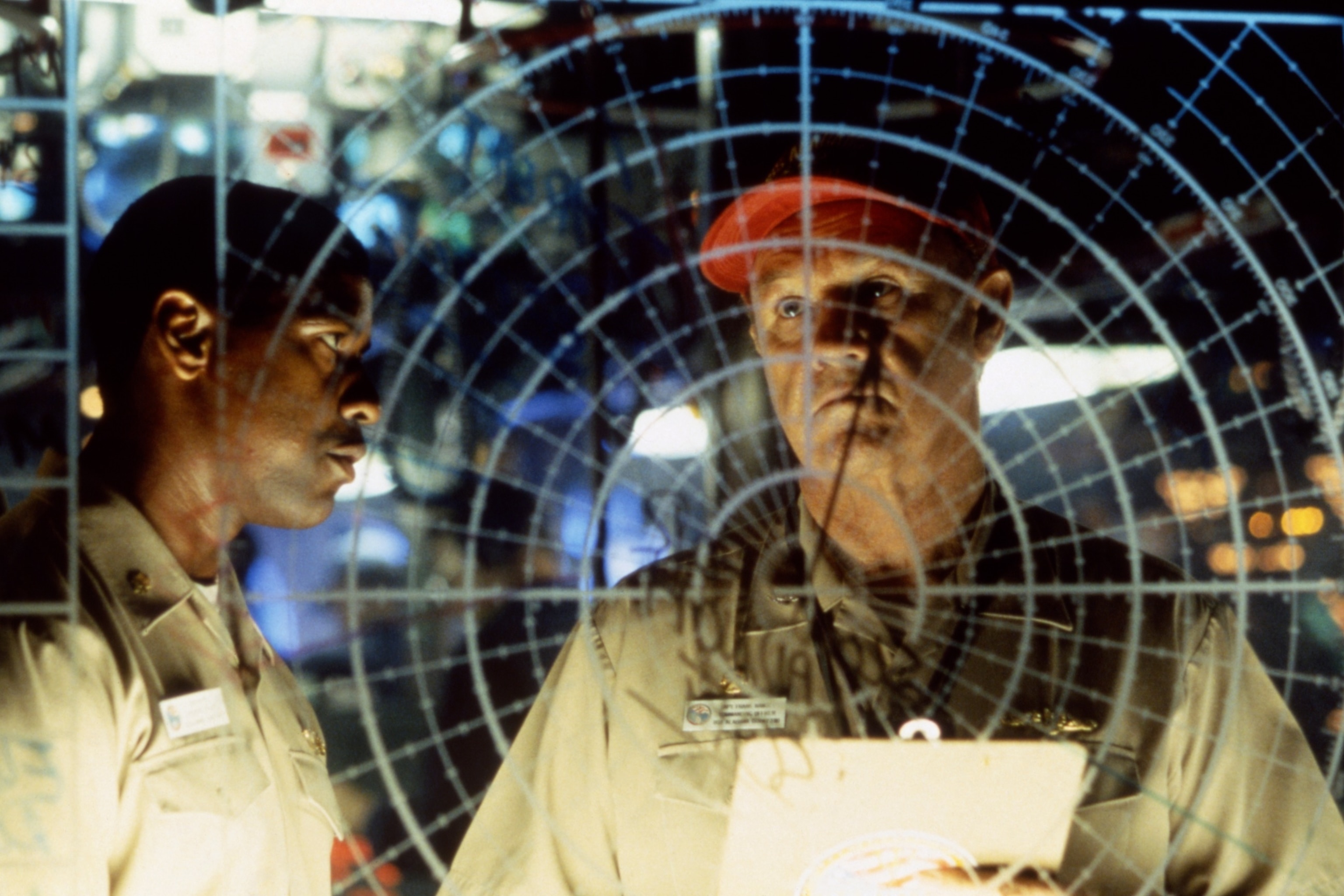 PHOTO: American actors Denzel Washington and Gene Hackman on the set of "Crimson Tide," directed by Tony Scott. 