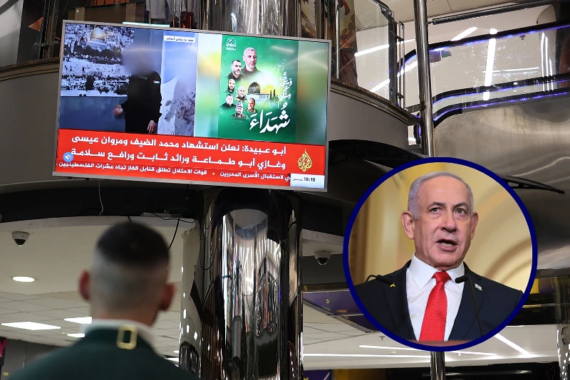 (L) A Palestinian man watches news on TV in a cafe in Nablus city in the Israel-occupied West Bank on January 30, 2025, after a spokesman for Hamas' armed wing announced the death of its military chief Mohammed Deif. (Photo by ZAIN JAAFAR/AFP via Getty Images) / (R) Israeli Prime Minister Benjamin Netanyahu delivers remarks. (Photo by Kayla Bartkowski/Getty Images)