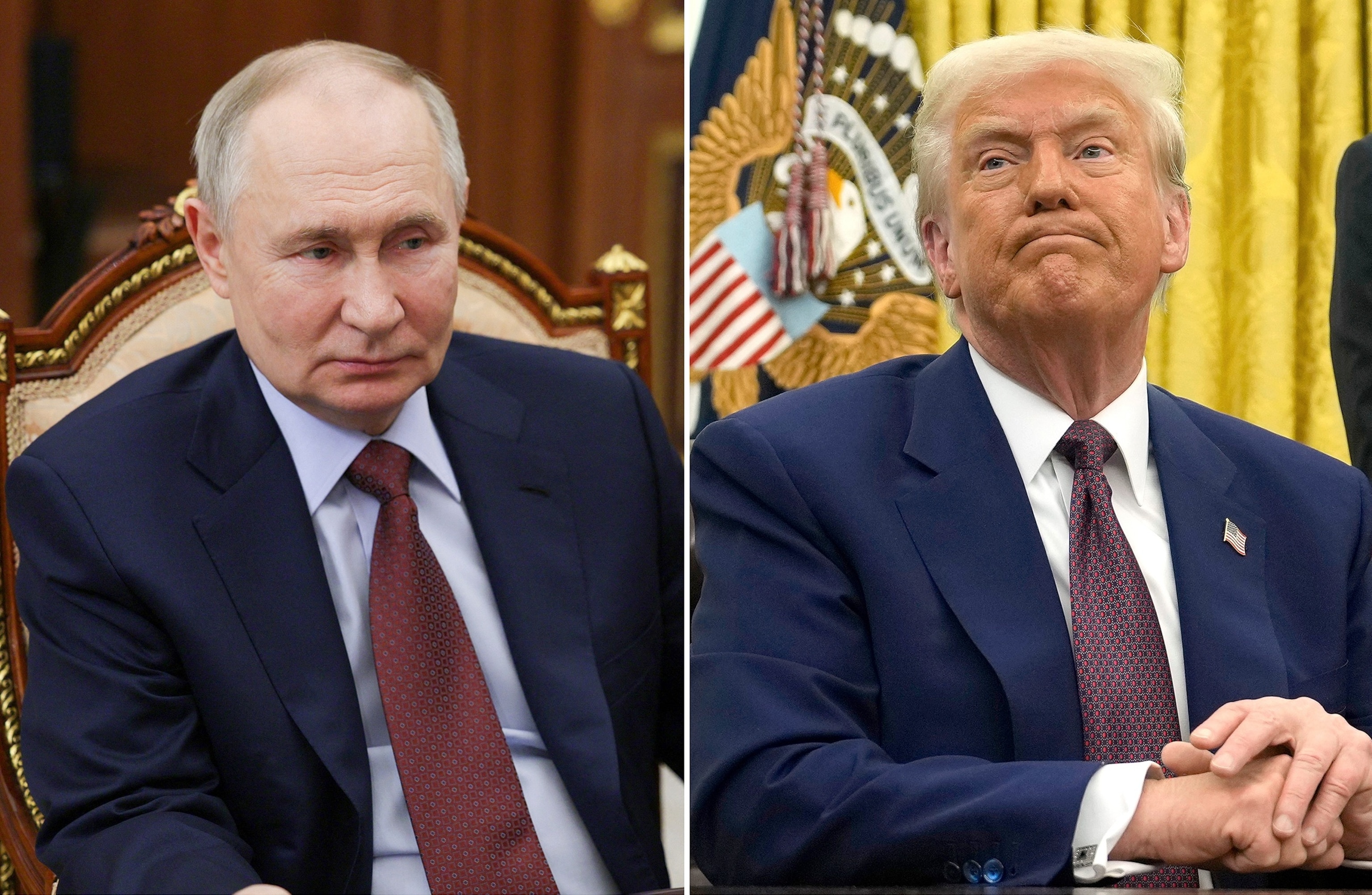 PHOTO: Vladimir Putin, in Moscow, Feb. 17, 2025 and President Donald Trump, in Washington, Feb. 13, 2025.