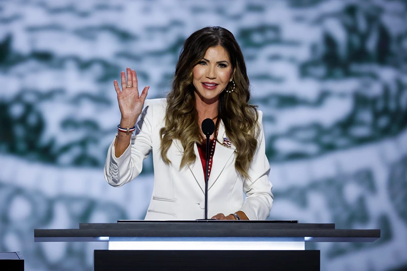 MILWAUKEE, WISCONSIN - JULY 15: South Dakota Gov. Kristi Noem speaks on stage on the first day of the Republican National Convention at the Fiserv Forum on July 15, 2024 in Milwaukee, Wisconsin. Delegates, politicians, and the Republican faithful are in Milwaukee for the annual convention, concluding with former President Donald Trump accepting his party's presidential nomination. The RNC takes place from July 15-18. (Photo by Chip Somodevilla/Getty Images)