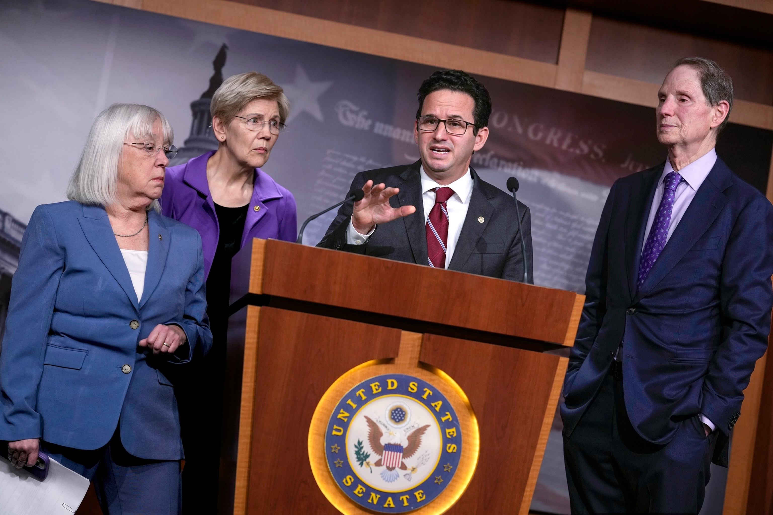 PHOTO: Sen. Brian Schatz speaks during a news conference about the Department of Government Efficiency, or DOGE, at the Capitol, Feb. 3, 2025. 