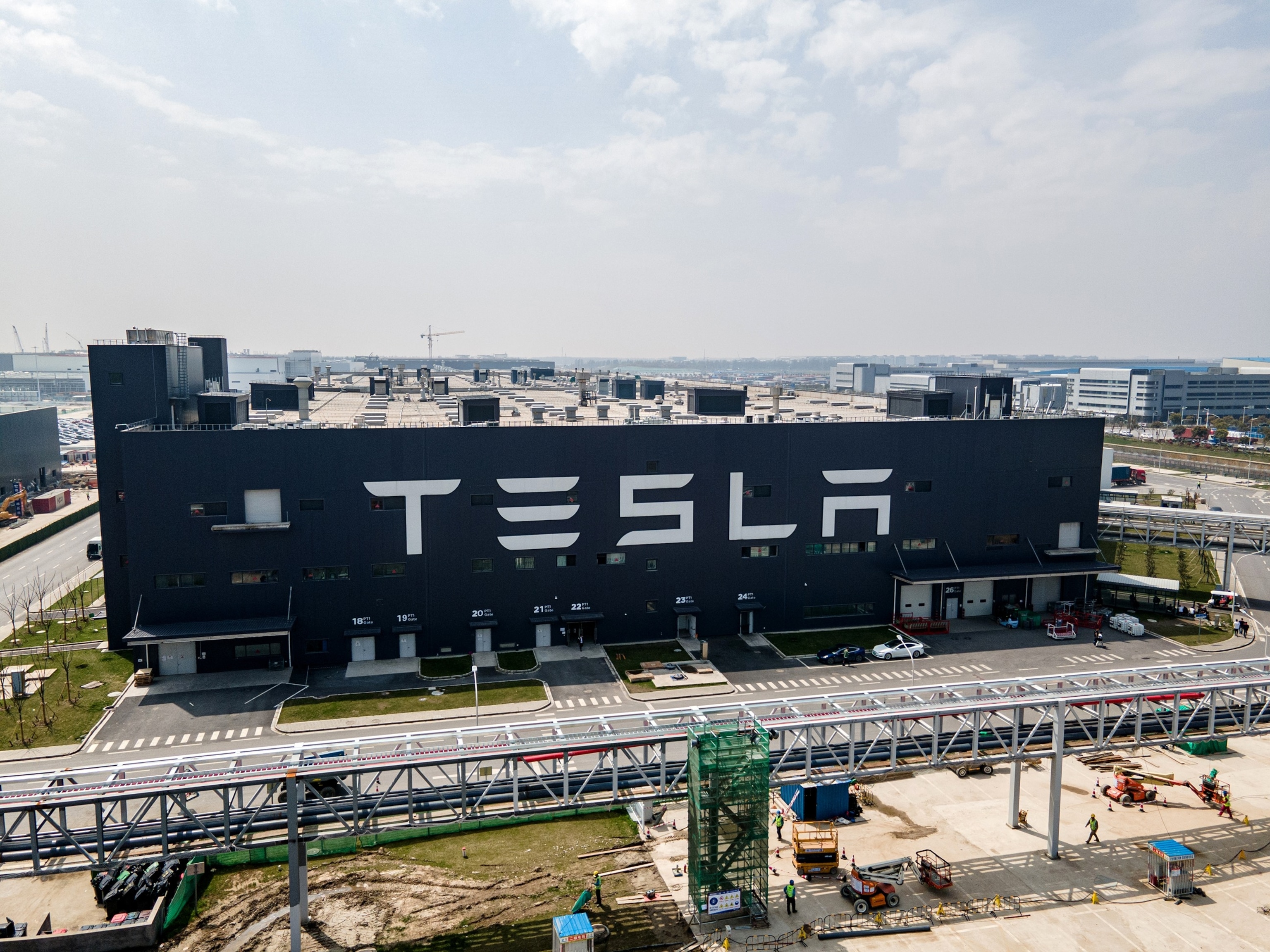 PHOTO: In this March 29, 2021, file photo, an aerial view of Tesla Shanghai Gigafactory is shown in Shanghai, China.