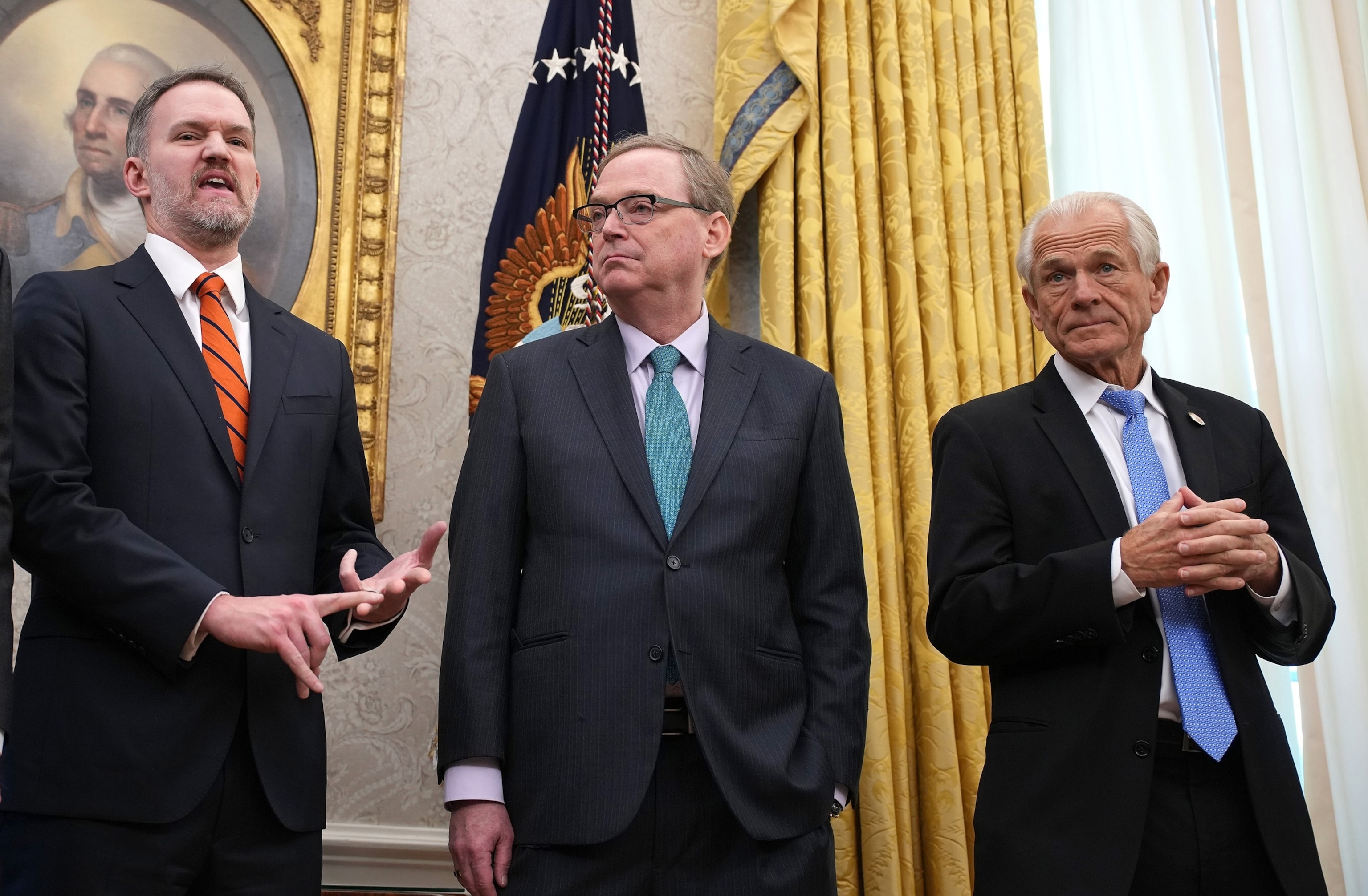 PHOTO: Trade Representative Jamison Greer joined by Director of the National Economic Council Kevin Hassett and trade advisor Peter Navarro, speaks after President Donald Trump signed an executive order on reciprocal tariffs, Feb. 13, 2025 in Washington.