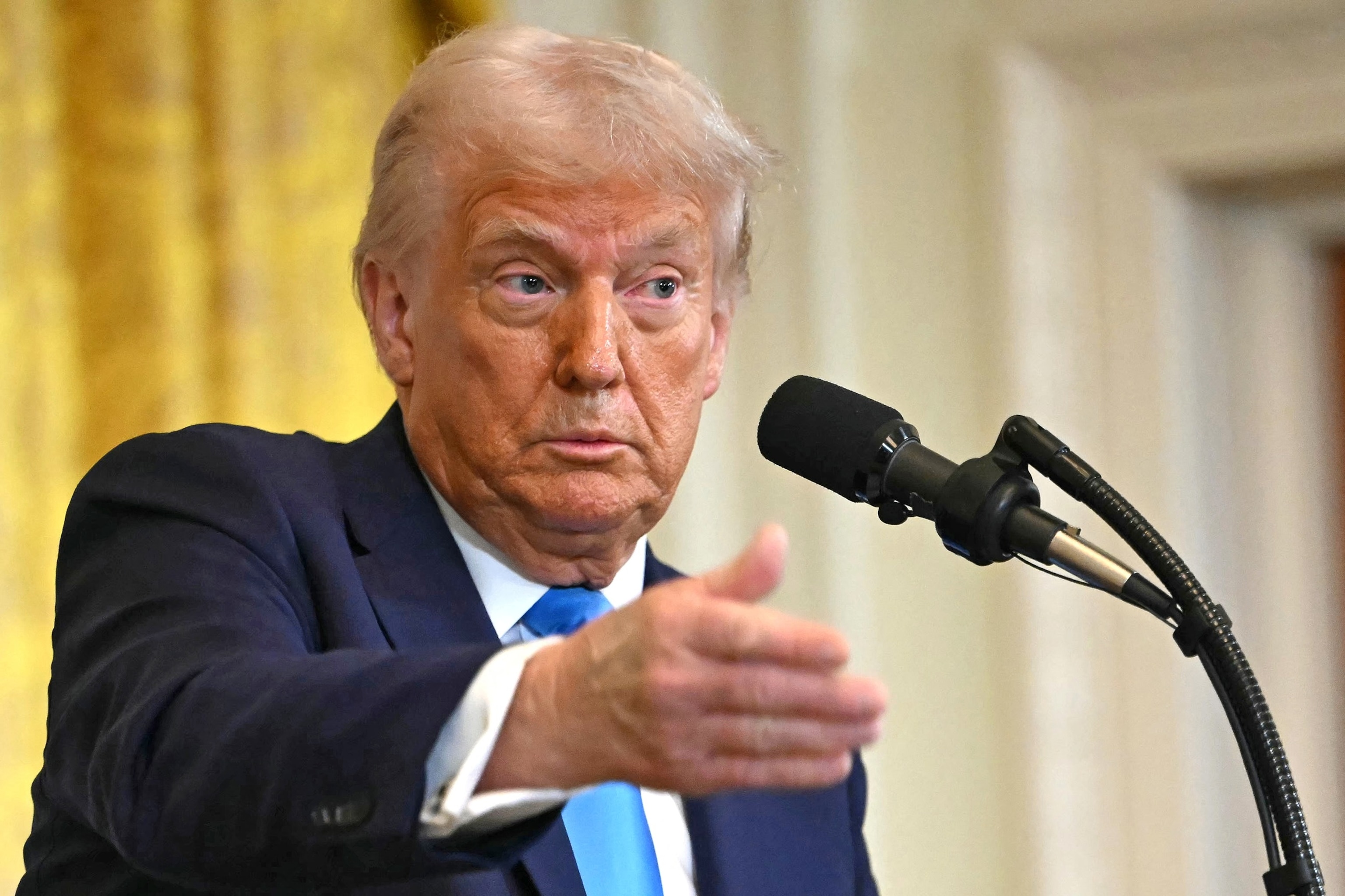 PHOTO: President Donald Trump speaks during a press conference unseen Israel's Prime Minister Benjamin Netanyahu in the East Room of the White House in Washington, Feb. 4, 2025.