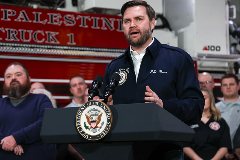 US Vice President JD Vance speaks at the East Palestine Fire Department as he visits East Palestine, Ohio, on February 3, 2025. Residents of East Palestine, Ohio, were forced to evacuate in February 2023, when a Norfolk Southern train carrying chemicals derailed, covering the area in thick black smoke. (Photo by Rebecca DROKE / POOL / AFP) (Photo by REBECCA DROKE/POOL/AFP via Getty Images)