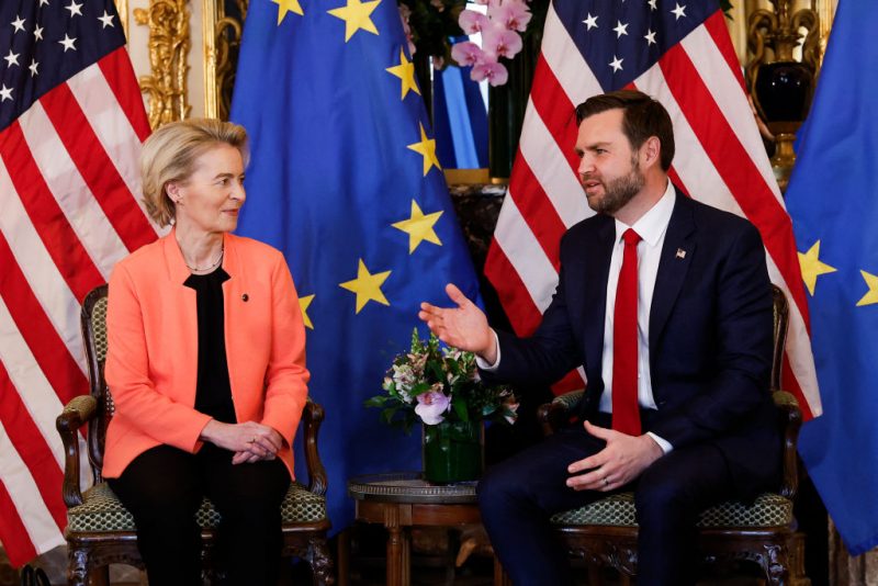 US Vice President JD Vance (R) exchanges remarks with President of the European Commission Ursula von der Leyen (L) during a bilateral meeting held at the Chief of Mission's residence at the US embassy in Paris on February 11, 2025. (Photo by Ian LANGSDON / AFP) (Photo by IAN LANGSDON/AFP via Getty Images)