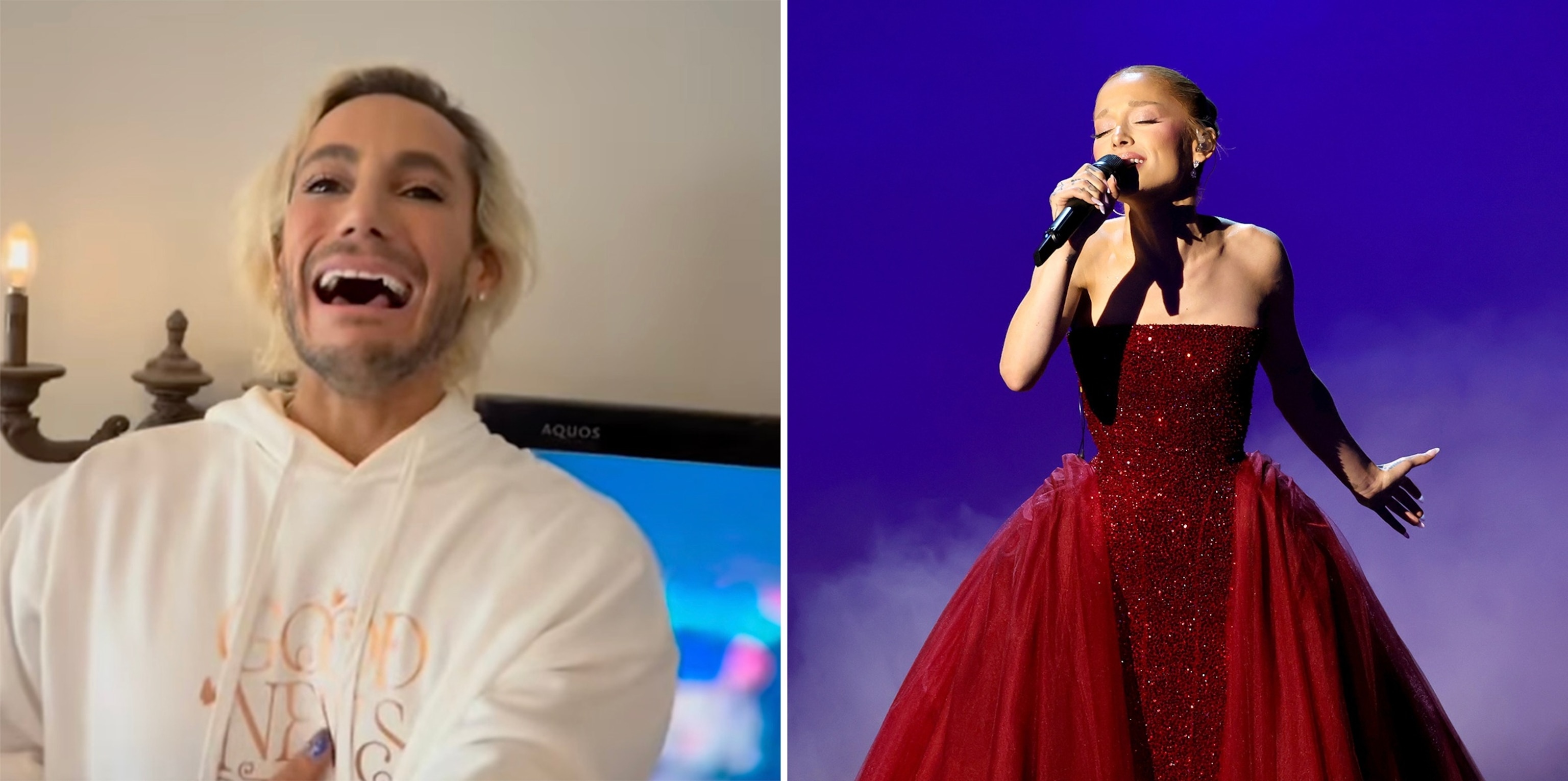 PHOTO: Frankie Grande (left) in a video he shared on Instagram of himself reacting to his sister, Ariana Grande's Oscars performance. Ariana Grande (right) sings on stage during the 97th Annual Oscars at Dolby Theatre, March 2, 2025.