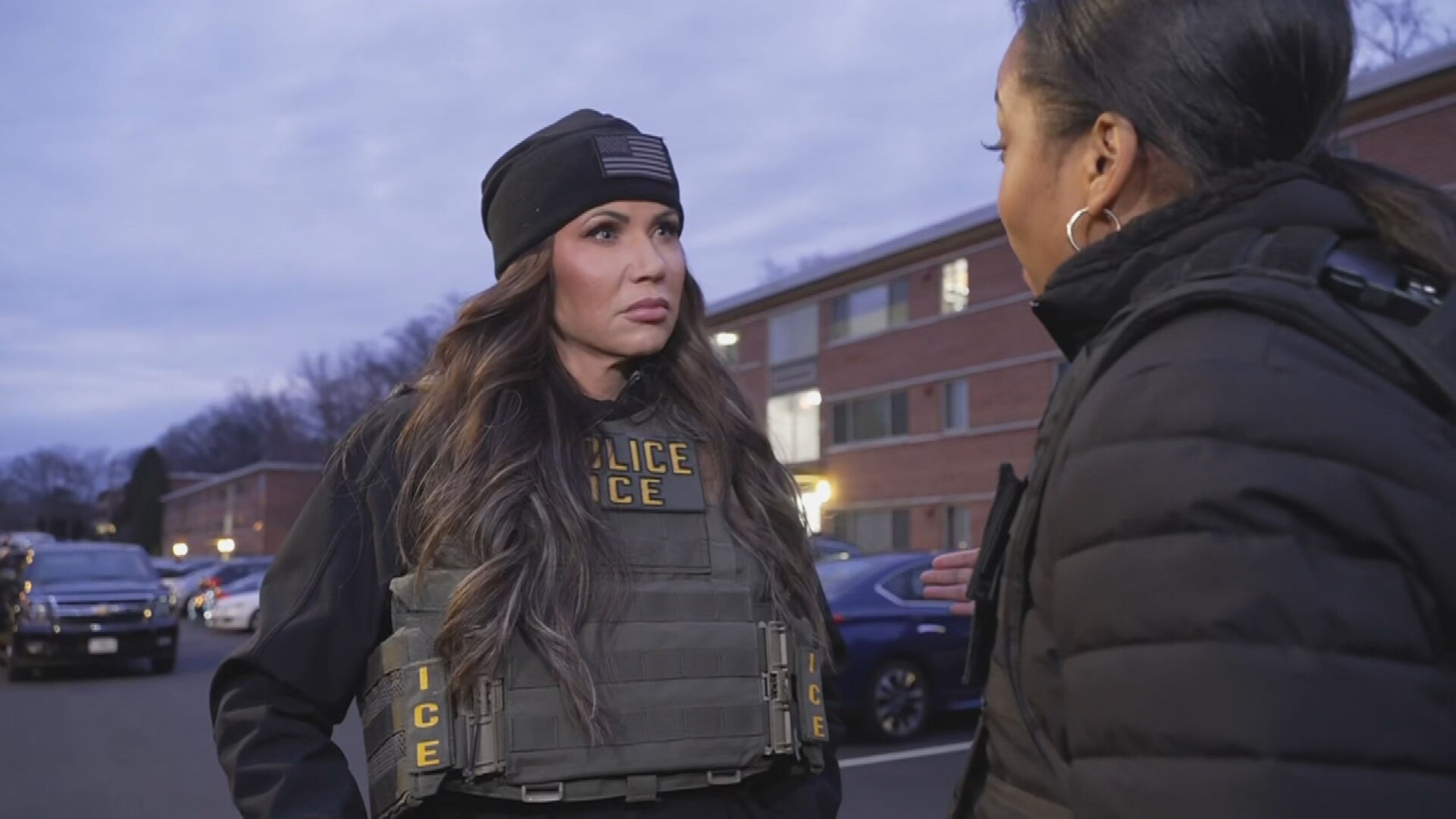 PHOTO: Department of Homeland Security Secretary Kristi Noem speaks with ABC News Senior Political Correspondent Rachel Scott during an ICE raid in Virginia on March 4, 2025.