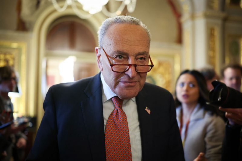 WASHINGTON, DC - MARCH 13: Senate Minority Leader Chuck Schumer (D-NY) leaves the Democratic caucus lunch at the U.S. Capitol on March 13, 2025 in Washington, DC. On Wednesday Senate Democrats, not in line with the continuing resolution passed by House Republicans providing a six-month funding extension to avert a government shutdown, proposed an alternate plan that would fund the government in the short term through April 11. (Photo by Kayla Bartkowski/Getty Images)