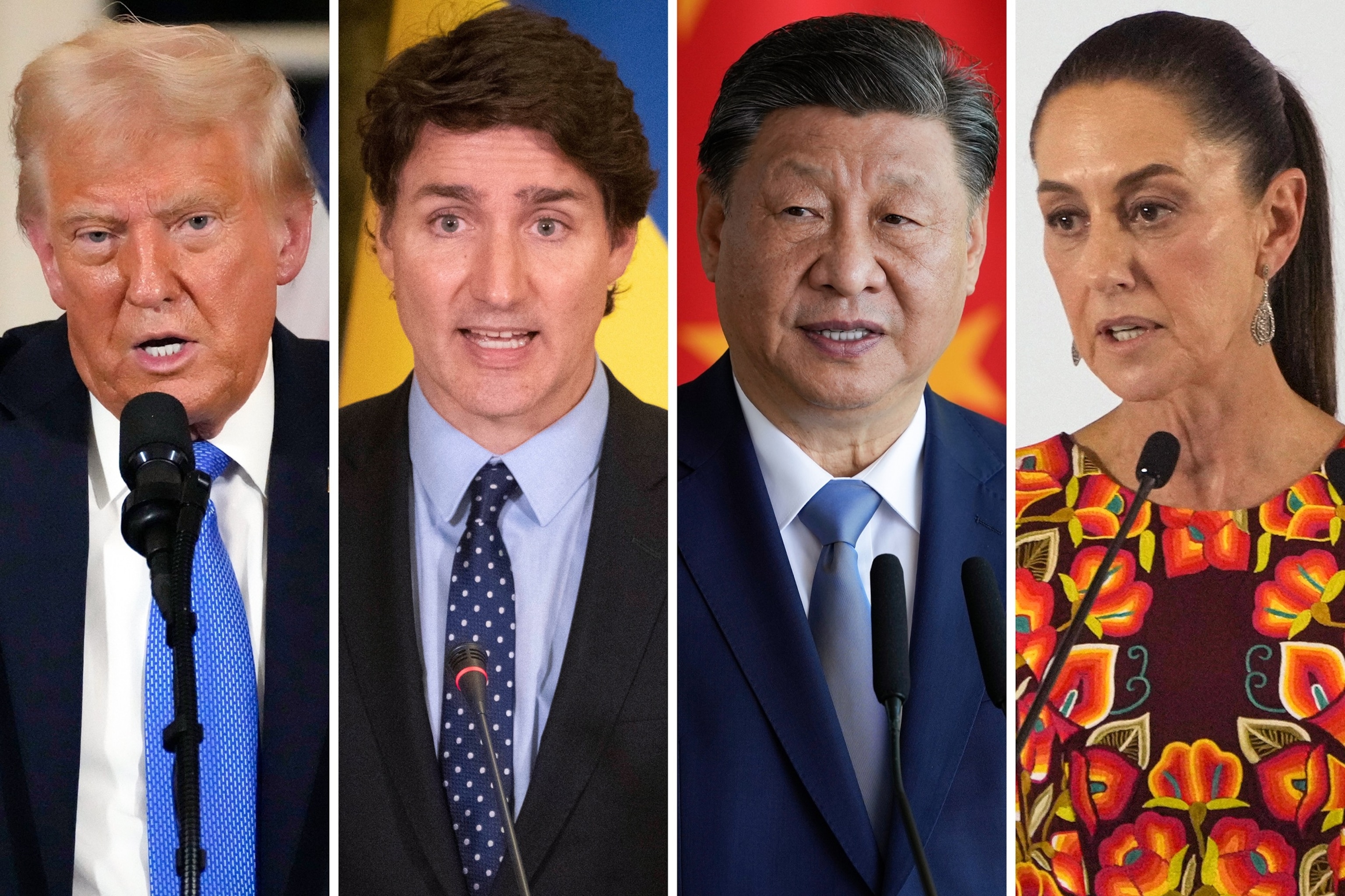 PHOTO: This combination of file photos shows, from left, U.S. President Donald Trump, Canadian Prime Minister Justin Trudeau, China's President Xi Jinping, and Mexico's President Claudia Sheinbaum.