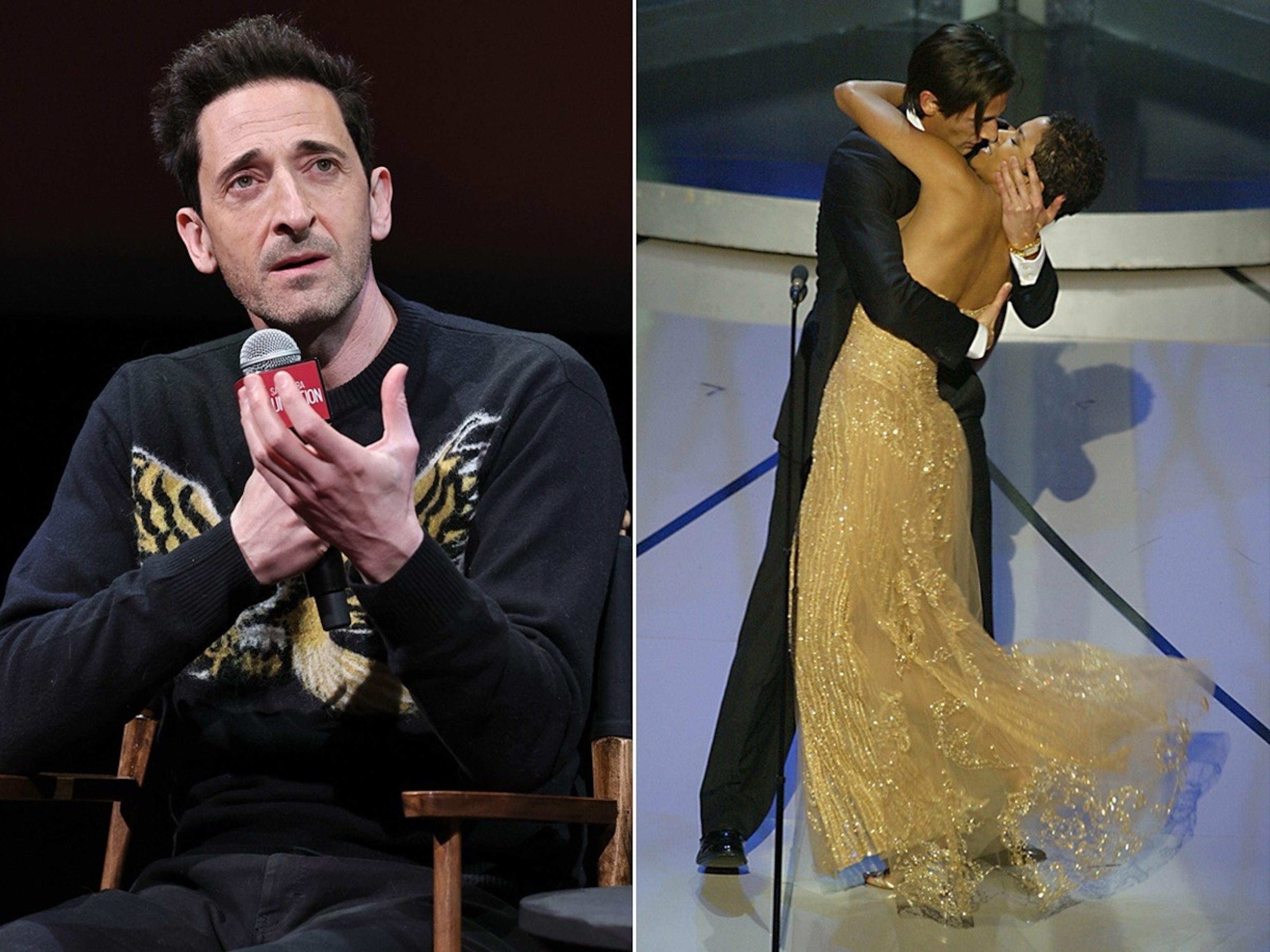 PHOTO: Adrien Brody attends SAG-AFTRA Foundation Conversations, Jan. 30, 2025, in New York. Adrien Brody surprises presenter Halle Berry with a kiss after he won the Oscar for best actor for his work in "The Pianist," March 23, 2003. 