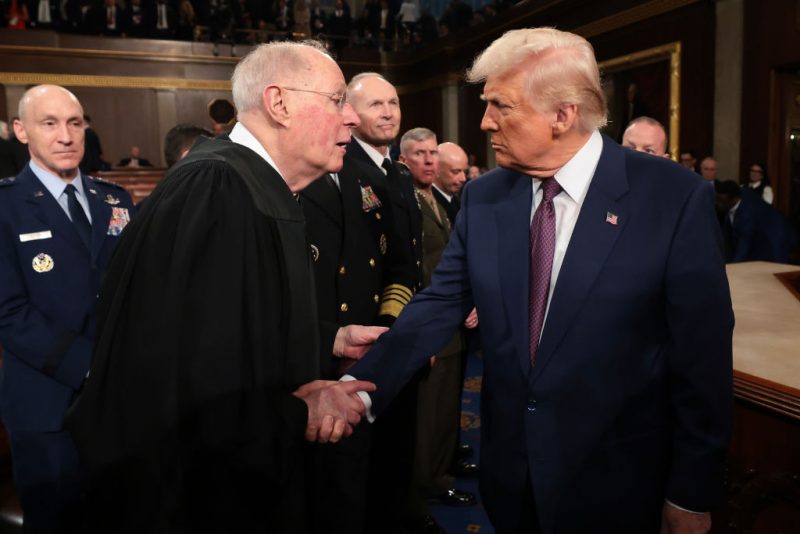 WASHINGTON, DC - MARCH 04: U.S. President Donald Trump shakes hands with retired Supreme Court Justice Anthony Kennedy after addressing a joint session of Congress at the U.S. Capitol on March 04, 2025 in Washington, DC. President Trump was expected to address Congress on his early achievements of his presidency and his upcoming legislative agenda. (Photo by Win McNamee/Getty Images)