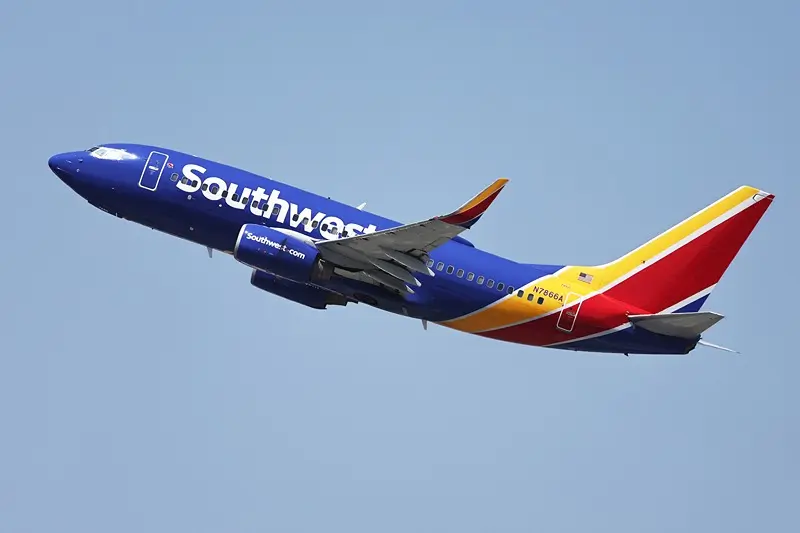 A Southwest Airlines plane takes off from Hollywood Burbank Airport on July 25, 2024 in Burbank, California. Southwest Airlines has announced it will discontinue its 50 year policy of open seating and will assign seats including premium seating in an effort to broaden its appeal. (Photo by Mario Tama/Getty Images)