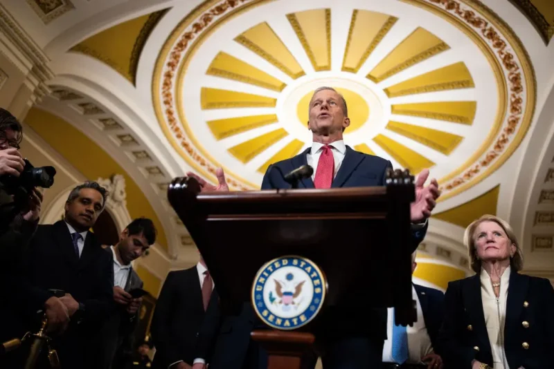 WASHINGTON, DC - MARCH 4: U.S. Senate Majority Leader John Thune (R-SD) speaks during a news conference following the weekly Senate Republican policy luncheon at the U.S. Capitol on March 4, 2025 in Washington, DC. During the news conference, Senate Republicans spoke on a range of topics including transgender athletes participating in girls' and women's sports and President Trump's newly implemented tariffs on Canada, China and Mexico. (Photo by Tierney L. Cross/Getty Images)